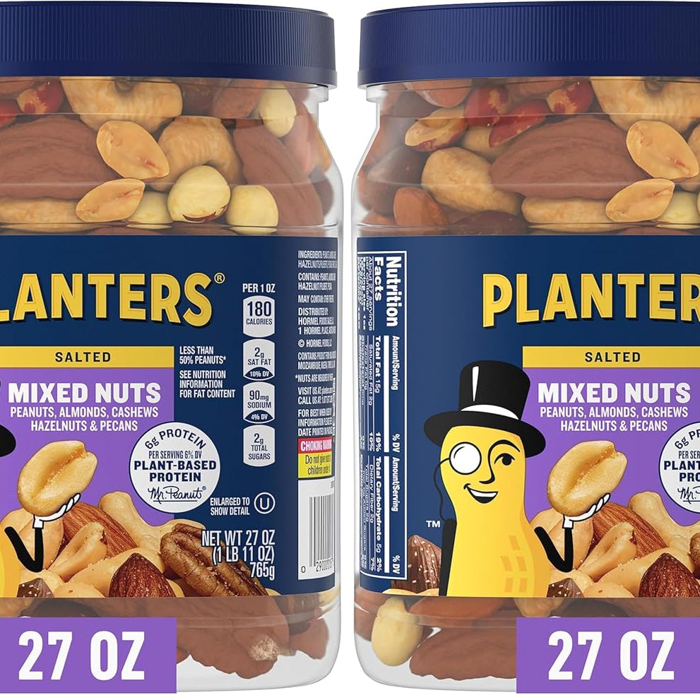 PLANTERS Deluxe Mixed Nuts with Sea Salt, 27 oz Resealable Container - Variety Mixed Nuts Snacks with Cashews, Almonds, Pecans, Pistachios & Hazelnuts - Energy Boost - Kosher