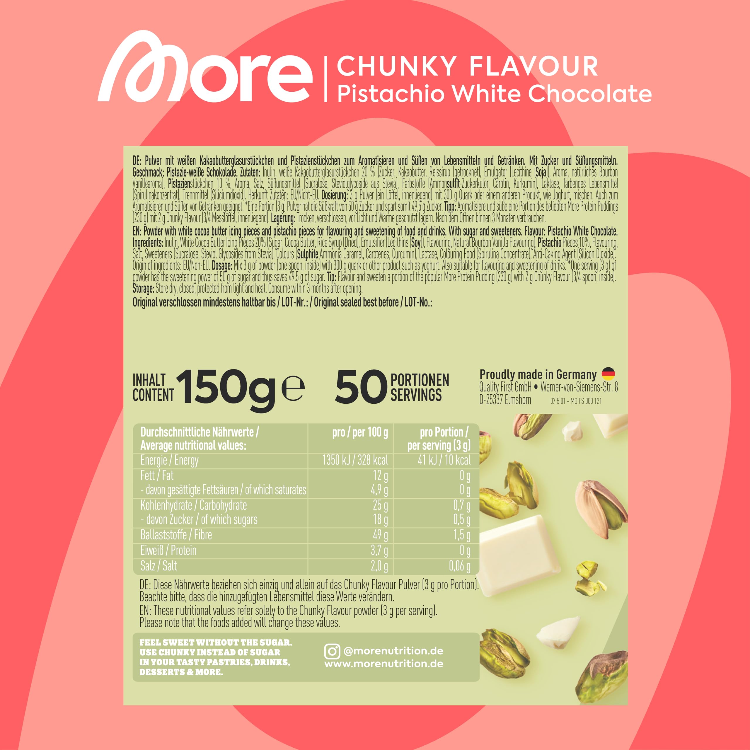MORE Chunky Flavour, Vanilla Perfection, 150 g, vegan, Geschmackspulver zum Süßen, ohne viel Zucker und Kalorien, mit Inulin und Laktase - made in Germany