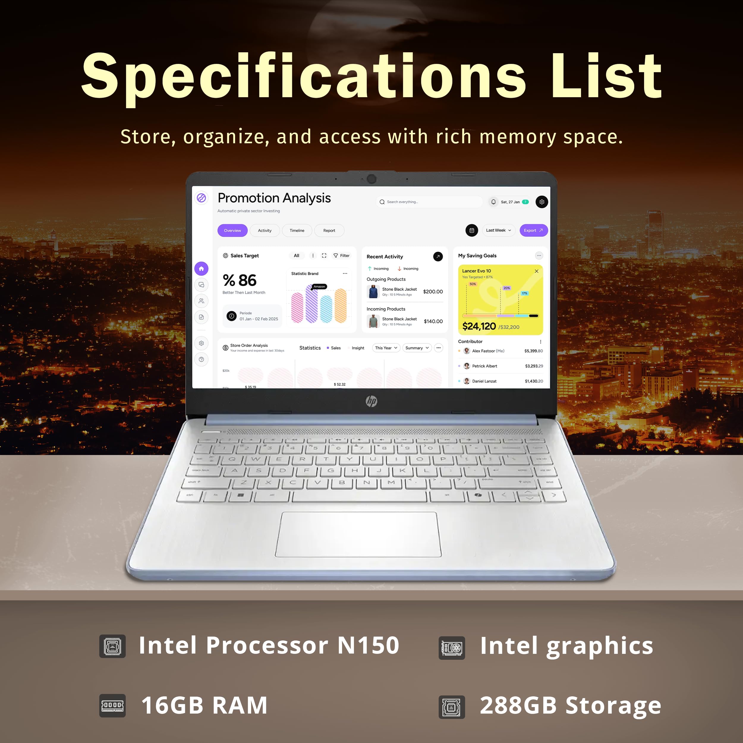 HP Stream 14" HD BrightView Laptop, Intel Celeron N4120, 16GB RAM, 288GB Storage (128GB UFS + 160GB Docking Station Set), Intel UHD Graphics, 720p Webcam, Wi-Fi, 1 Year Office 365, Win 11S, Silver