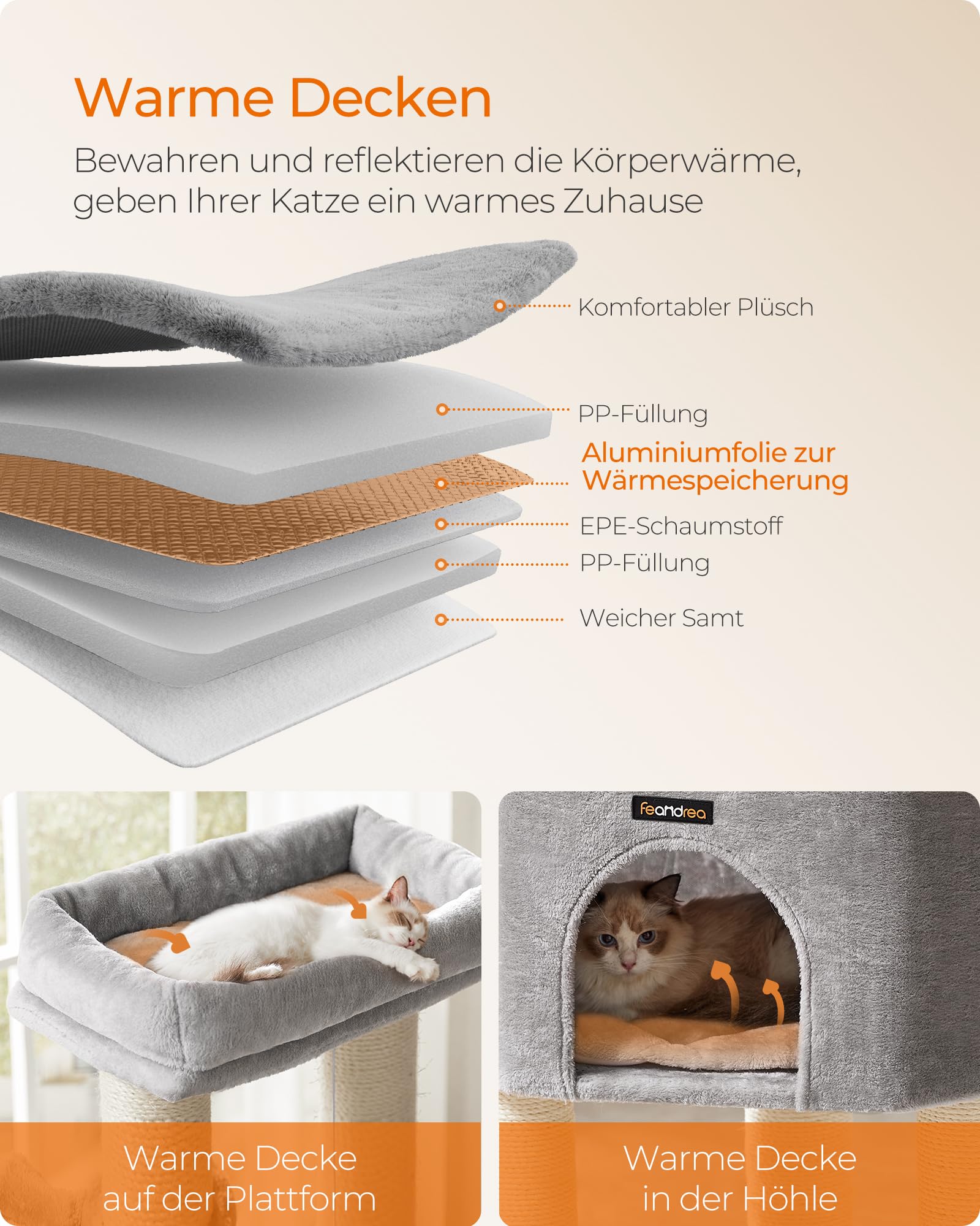 Feandrea Kratzbaum, mit warmen Decken, für große Katze, Katzenbaum, 2 Katzenbürsten, 11,1 cm d Dicke Stämme, große Plattformen, Höhle, 50 x 50 x 160 cm, Taubengrau-schwarz PCT003W01