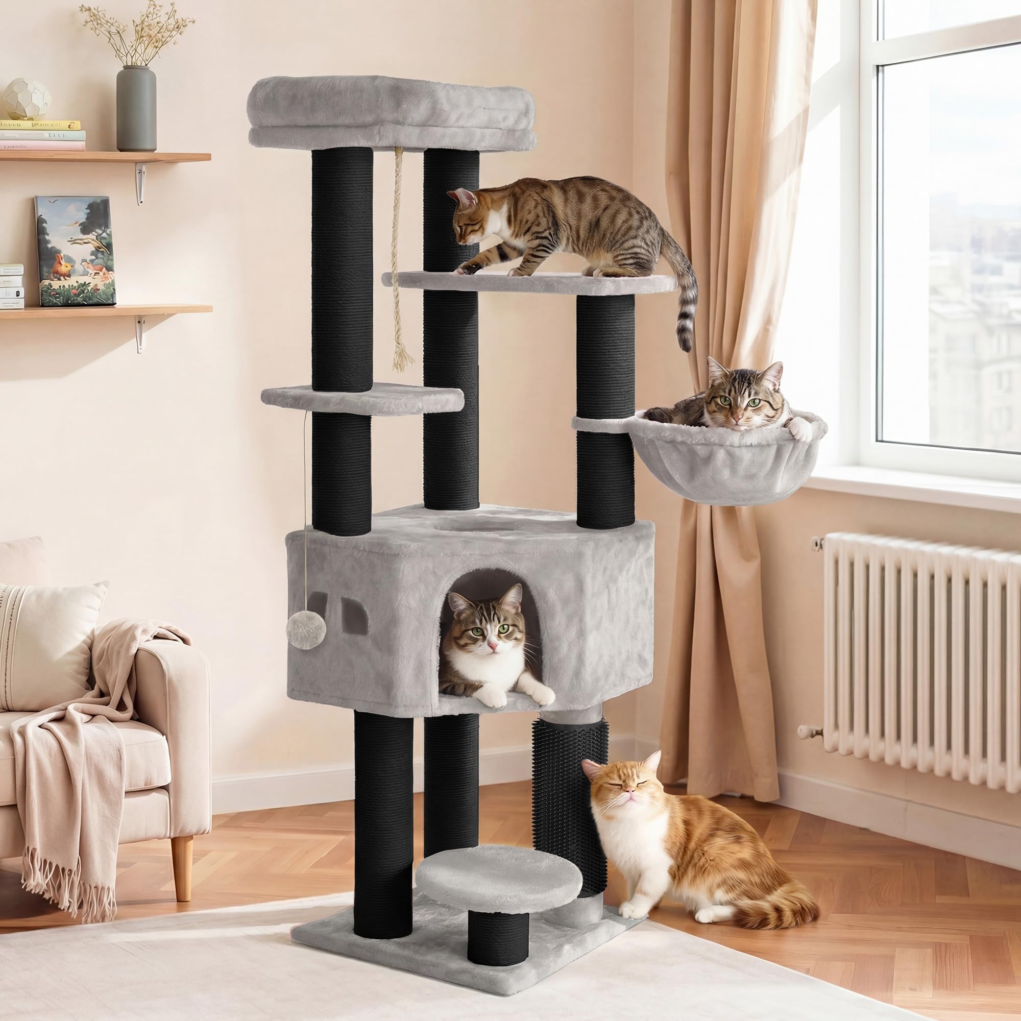 YITAHOME Kratzbaum, Katzenkratzbaum, für Große Katze, Katzenbaum, Katzenbürsten, 11 cm Dicke Stämme, Große Plattformen, Plüschkissen, Höhle, 50 x 50 x 157 cm, Beige