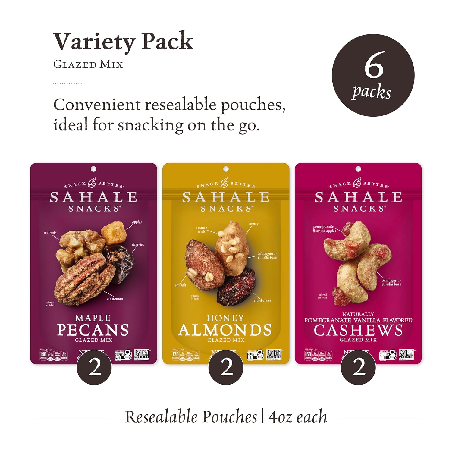 Sahale Snacks Glazed Mix Nut Blend Variety Pack, 1.5 Oz Grab & Go Bags (12 Total Packs) - Four Different Dry-Roasted Deluxe Mixed Nuts Blends Included - Non-GMO Kosher & Certified Gluten-Free Snacks