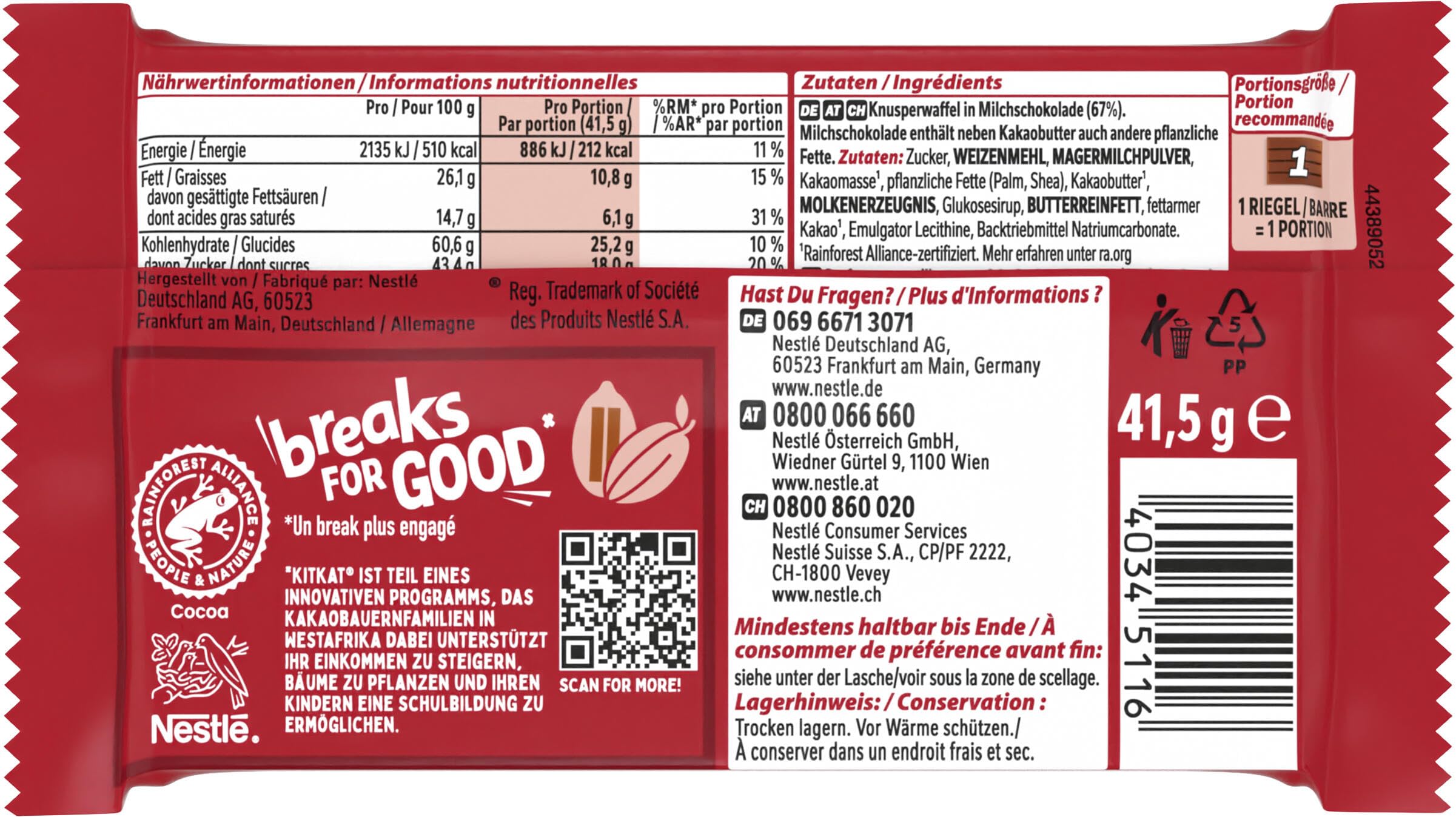 Nestlé KitKat Classic Schokoriegel, Knusper-Riegel mit Milchschokolade & knuspriger Waffel, 24er Pack (24x41,5g)