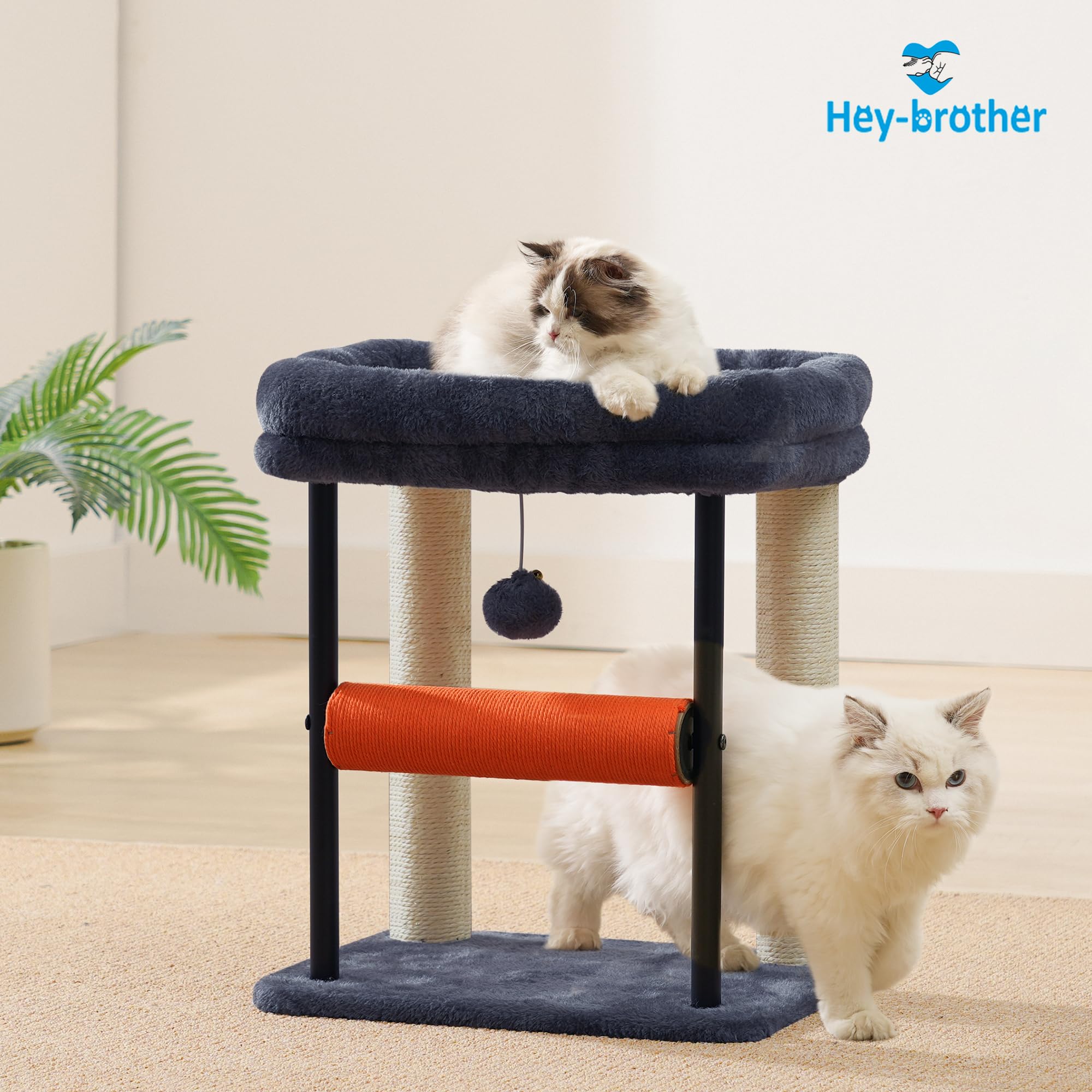 Hey-brother Kratzbaum, 50 cm klein Katzenbaum für Kätzchen, Kratzpfosten mit drehbarer Sisalsäule, geräumiger Plüschplattform, Vollständig sisalumwickelte Säule und Spielbällen, Hellgrau EMPJ010SW