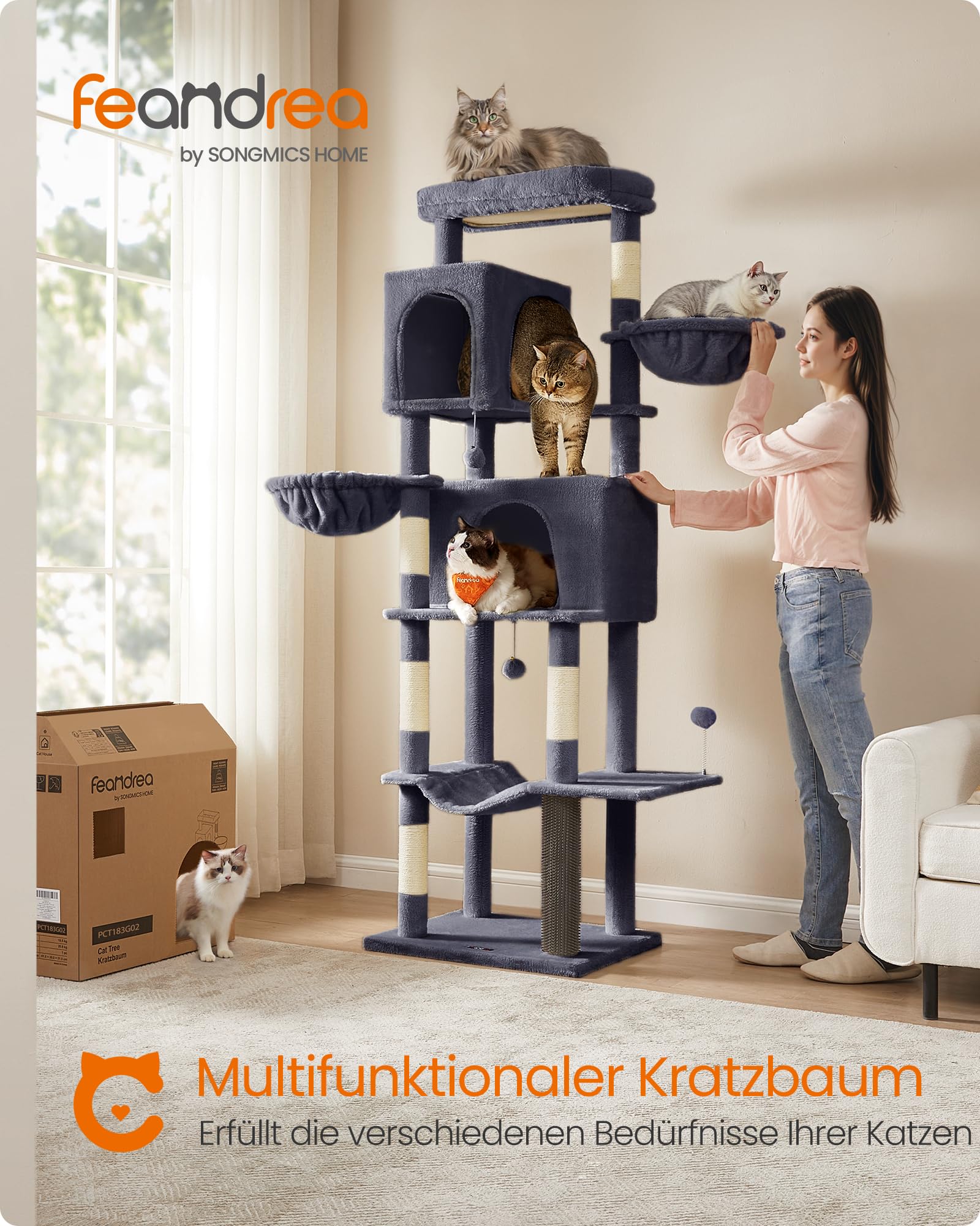 Feandrea Kratzbaum, 175 cm hoch, XL, mehrstöckiger Katzenbaum mit 2 Höhlen, 2 Liegemulden, 5 Kratzsäulen, Katzenbürste, große Plattform, Taubengrau PCT182G01
