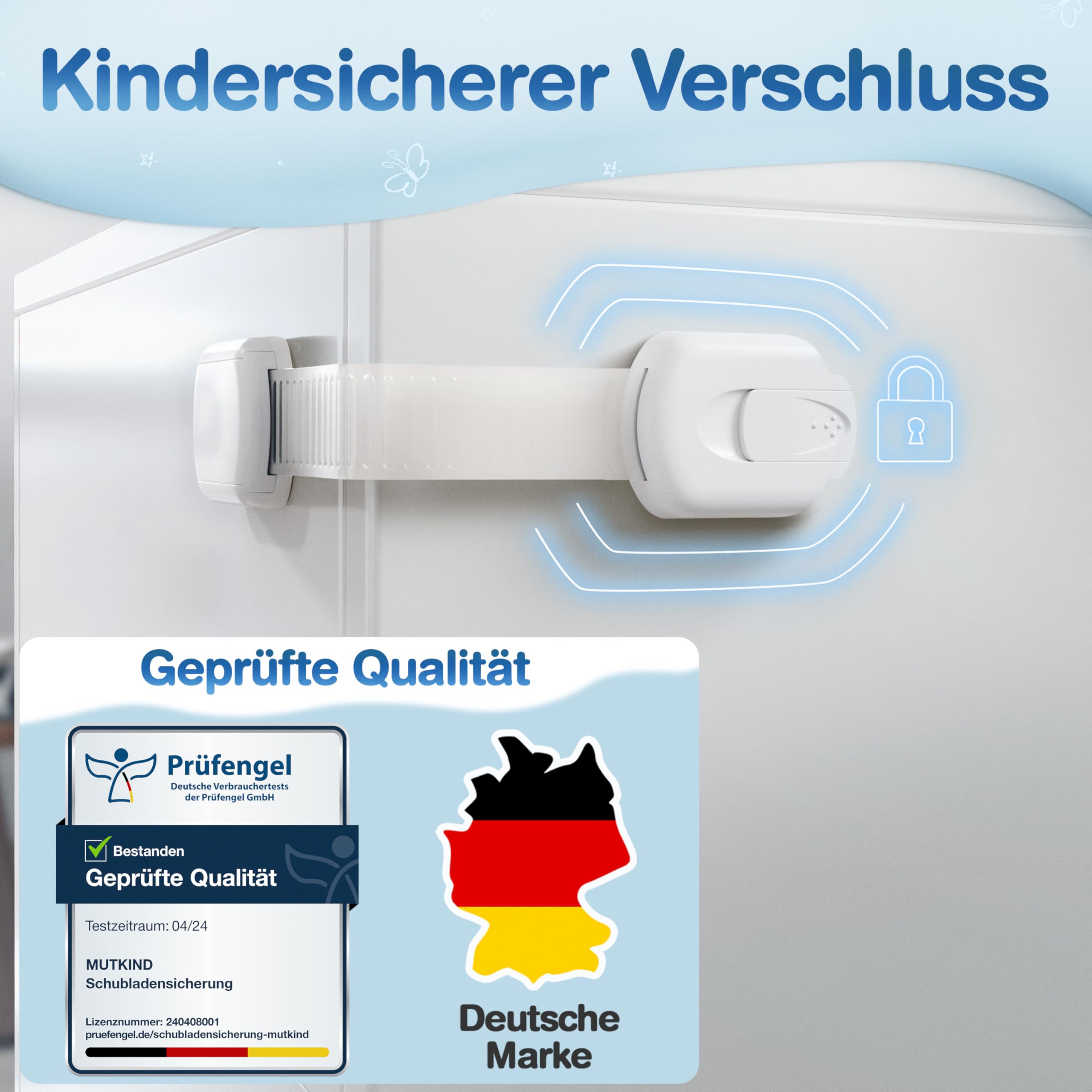 MUTKIND 10 Stück Kindersicherung Schrank - (Mit Kleber von TESA) Schranksicherung Baby - Längenverstellbar - Schubladensicherung Baby für Schränke, Kühlschrank, Tür - Kindersicherung Schubladen Weiß