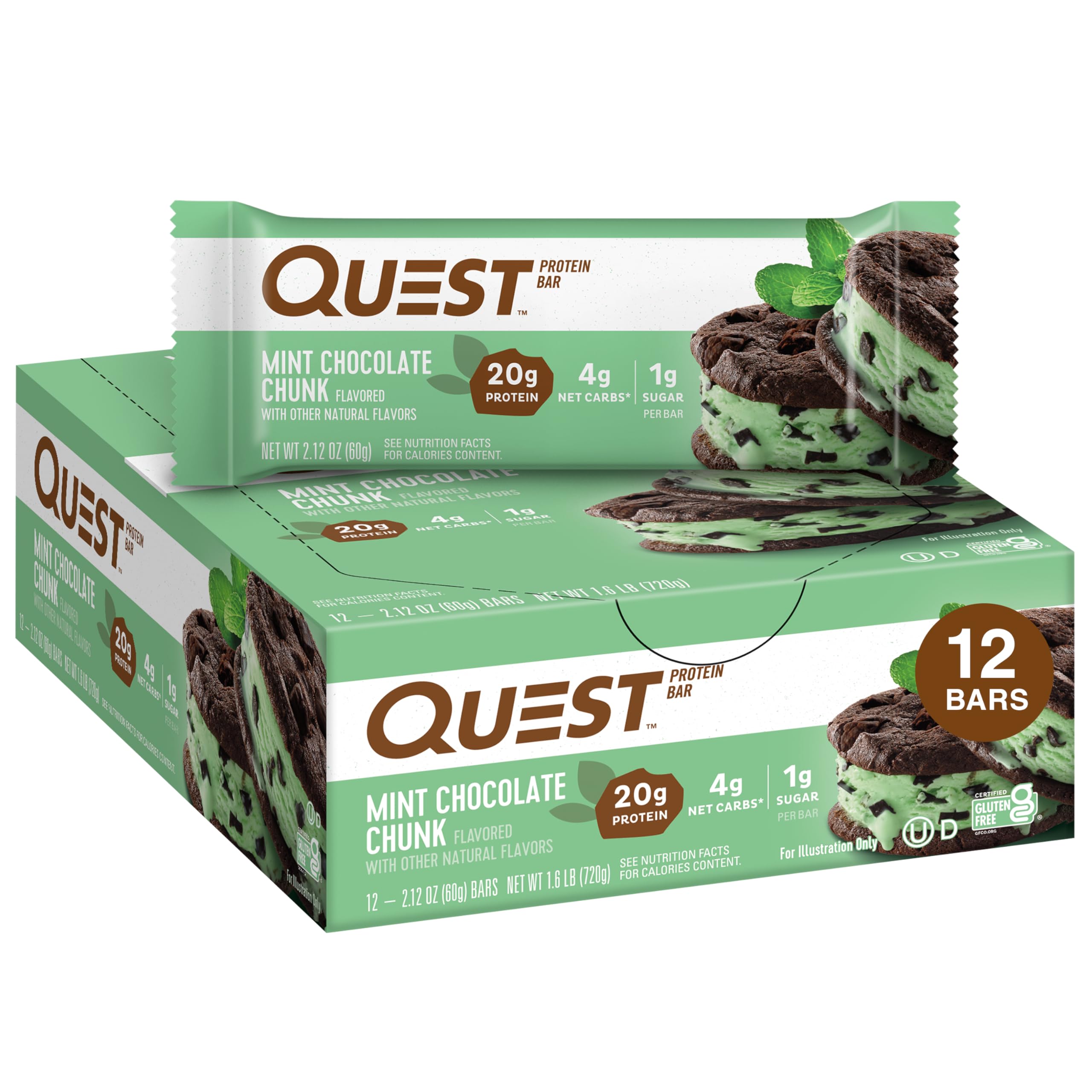 Quest Nutrition Chocolate Chip Dough Cookie Protein Bars, 21g Protein, 1g Sugar, 4g Net Carbs, High Fiber, Gluten Free, Keto-Friendly, 12 Count
