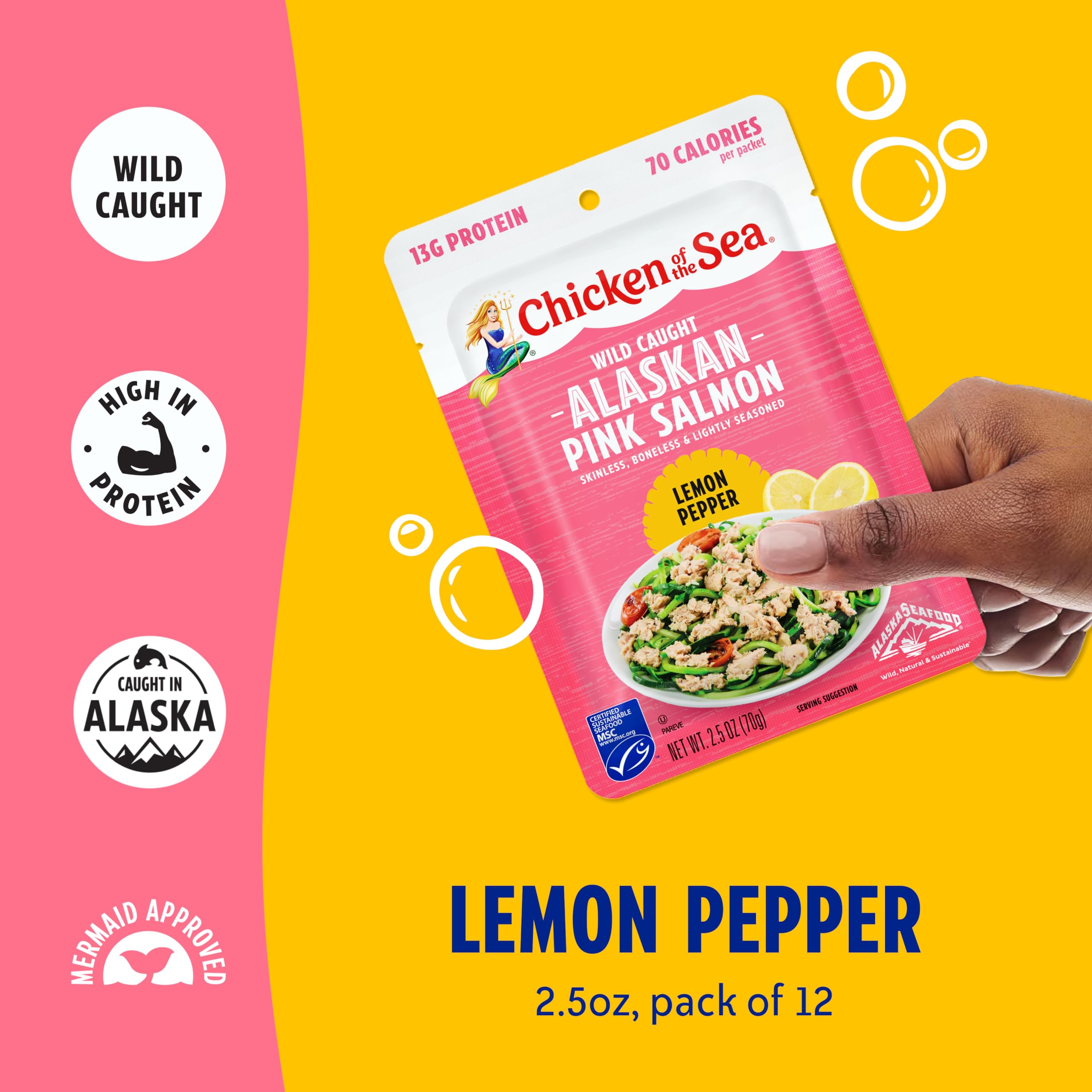 Chicken of the Sea Alaskan Pink Salmon in Spring Water, 2.5 Ounce Packets (Box of 12), Wild Caught, Skinless & Boneless