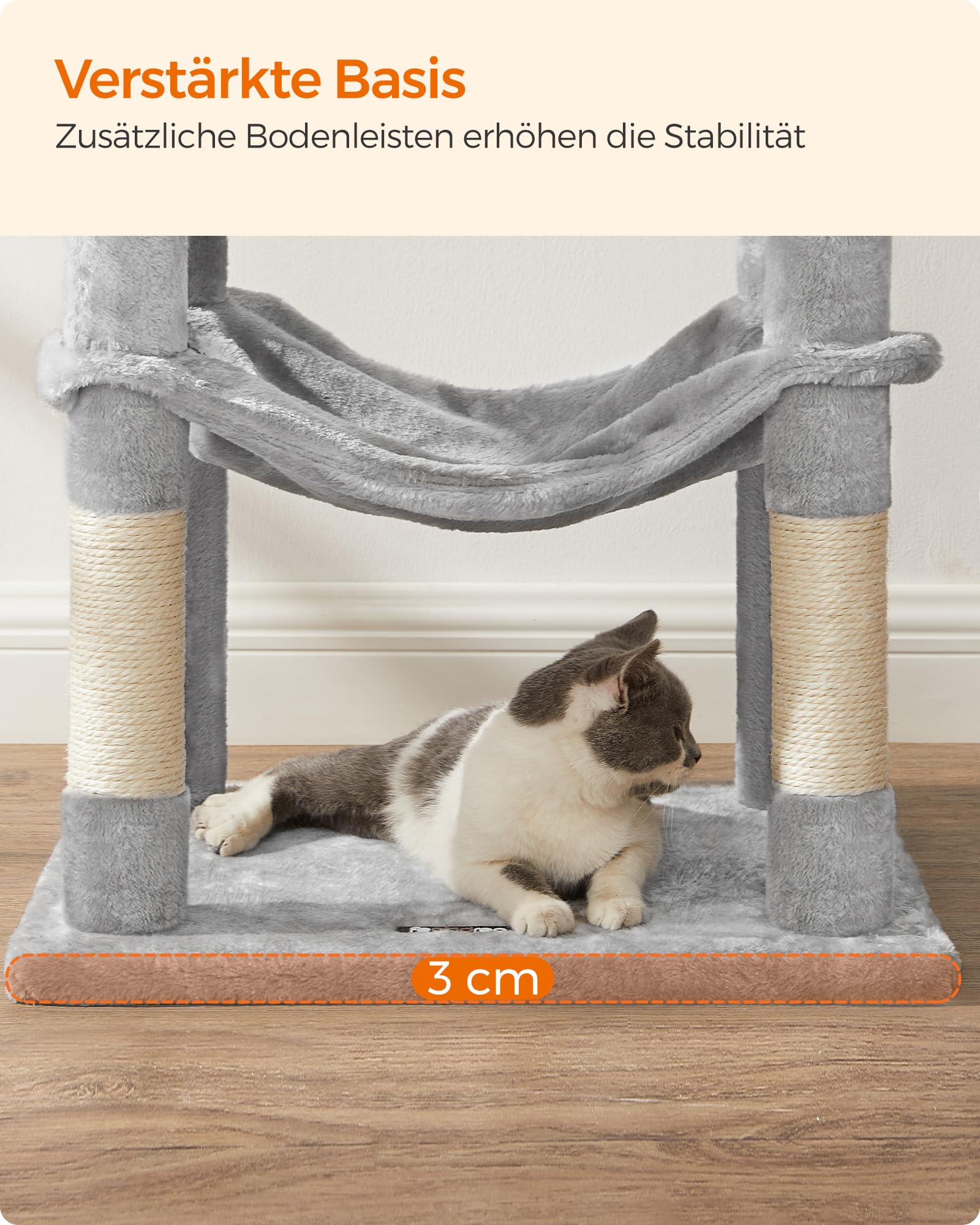 Feandrea Kratzbaum, 143 cm hoch, Katzenbaum, mehrstöckiges Katzenhaus, mit 4 Kratzsäulen, 2 Plattformen, Hängematte, Höhle, hellgrau PCT161W01
