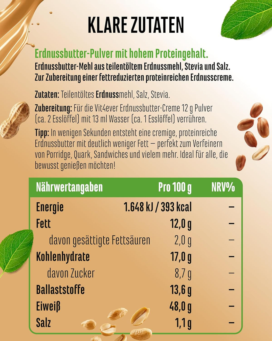 vit4ever Erdnussbutter light Pulver 500 g - Powdered Peanut Butter 85% weniger Fett, ohne Zucker - Peanutbutter Creme mit leckerem Geschmack