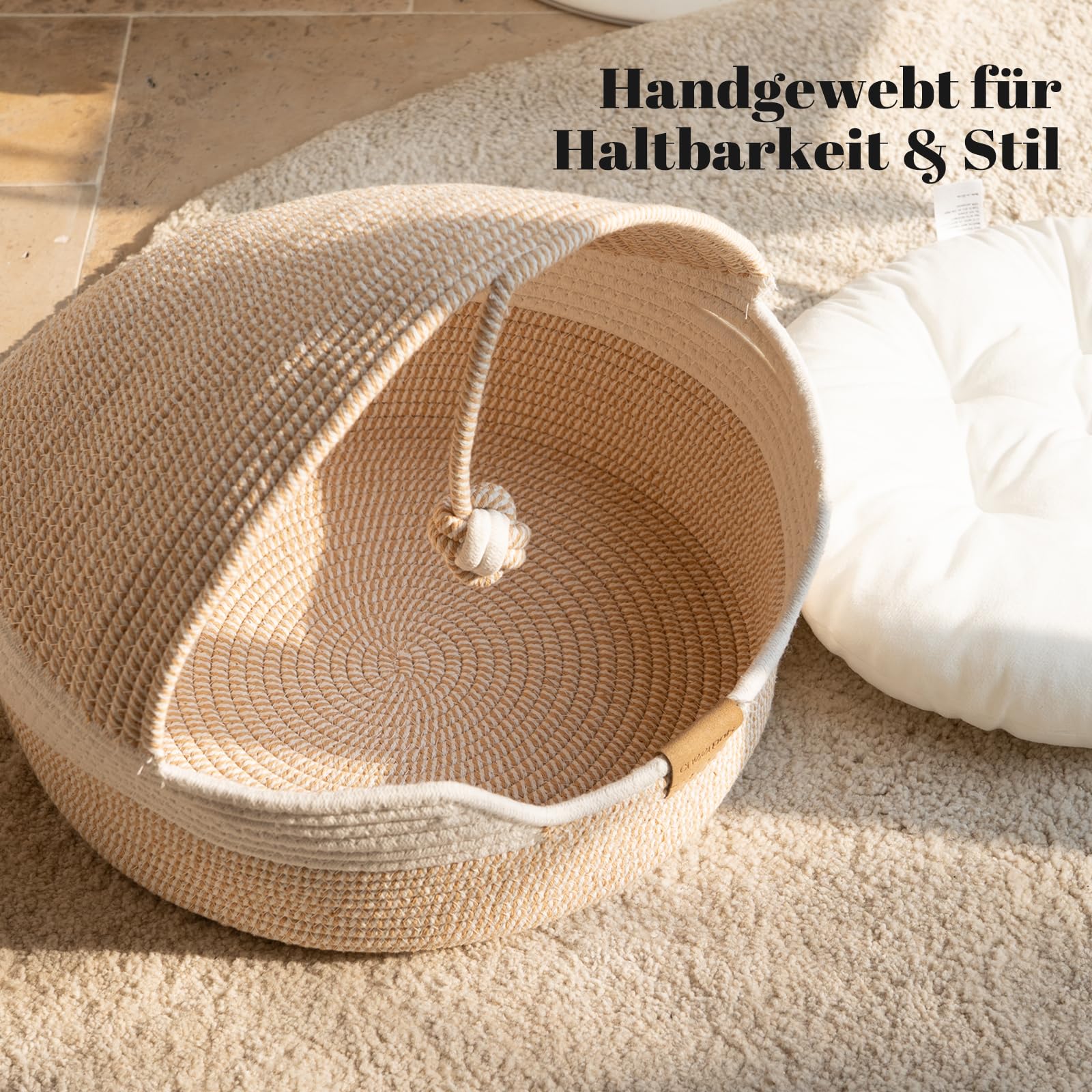 CheerPals Katzenbett mit Kissen, 47cm Waschbar Katzenkorb aus Baumwollseilen geflochten, zum Schlafen für Alle Katze, All Season Universal