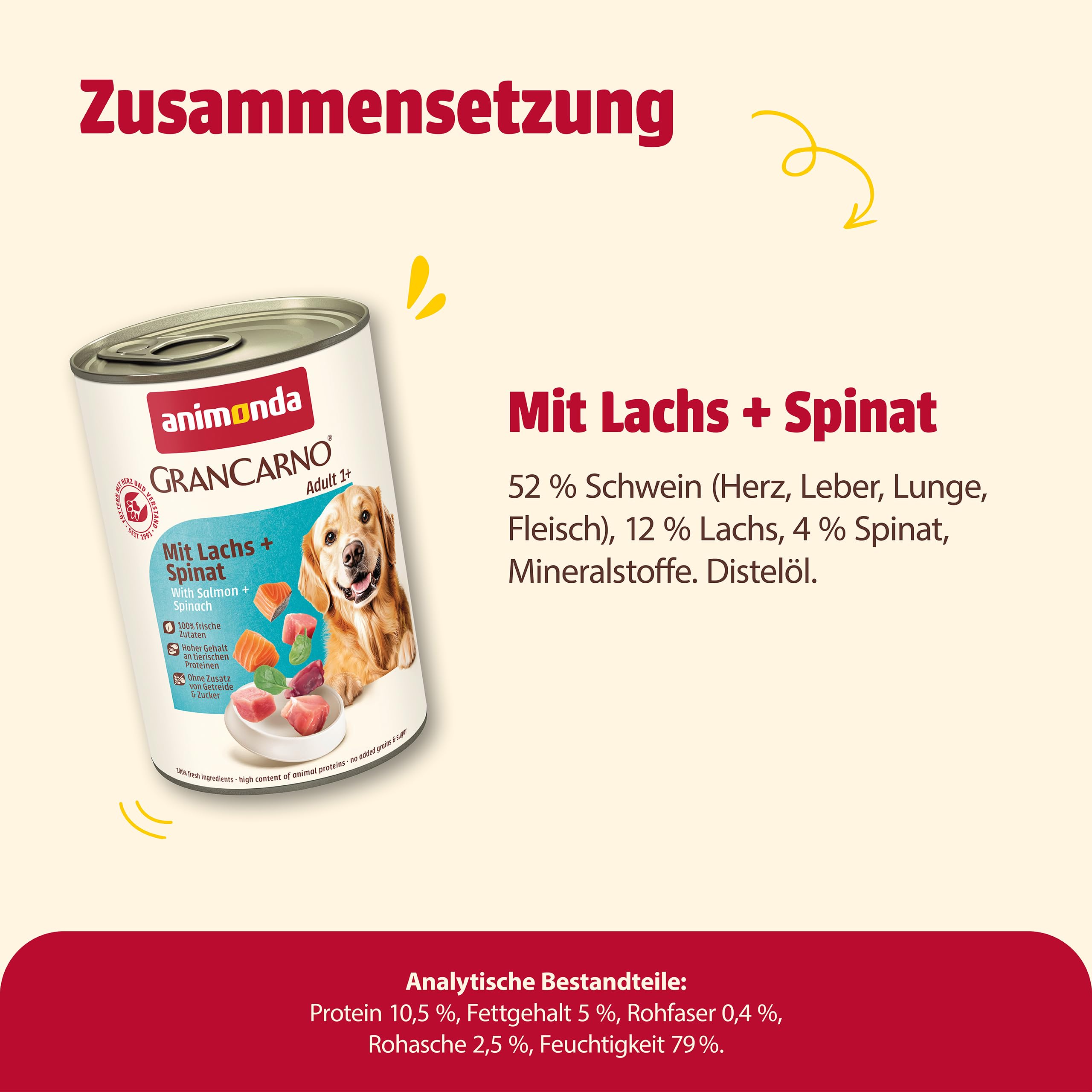 animonda GranCarno Hunde Nassfutter mit Rind + Entenherzen (6 x 800 g), getreidefreies Hundenassfutter ohne Zucker, für ausgewachsene Hunde, mit frischen fleischigen Zutaten