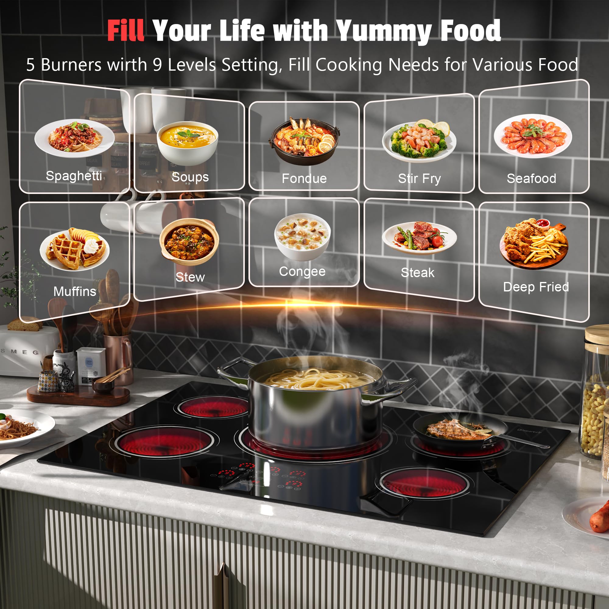 Disaenvir 29.13 Inch (Cut-out Size: 29.13"x19.3") Electric Cooktop - 30 Inch 9000W Powerful 5 Burner Electric Stovetop, Built-in Ceramic Stove 30“, Timer, Safety Lock, Pause, 240V Hard Wired (No Plug)