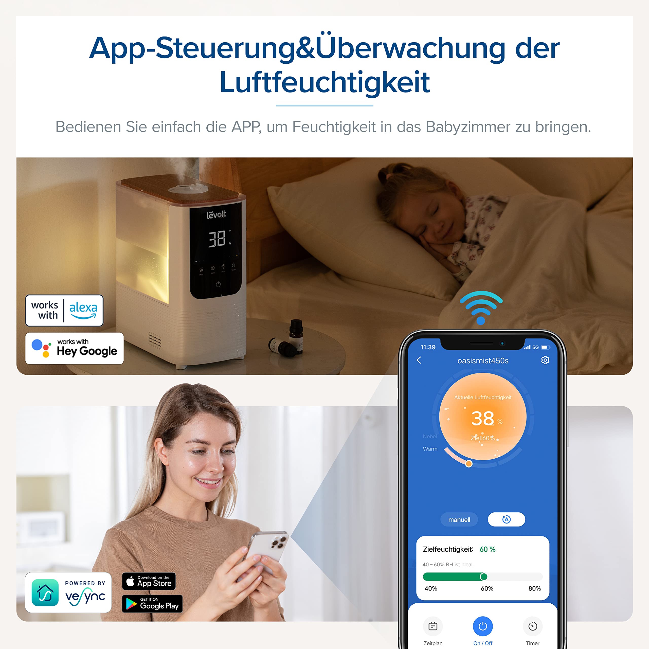 Levoit Luftbefeuchter Schlafzimmer, 23dB leise Humidifier, Top-Fill für Baby, bis 25H, Raumbefeuchter mit 360 grad Drehdüse für Kinderzimmer, Pflanzen, Auto Shut-off, 2,5 L, Weiß
