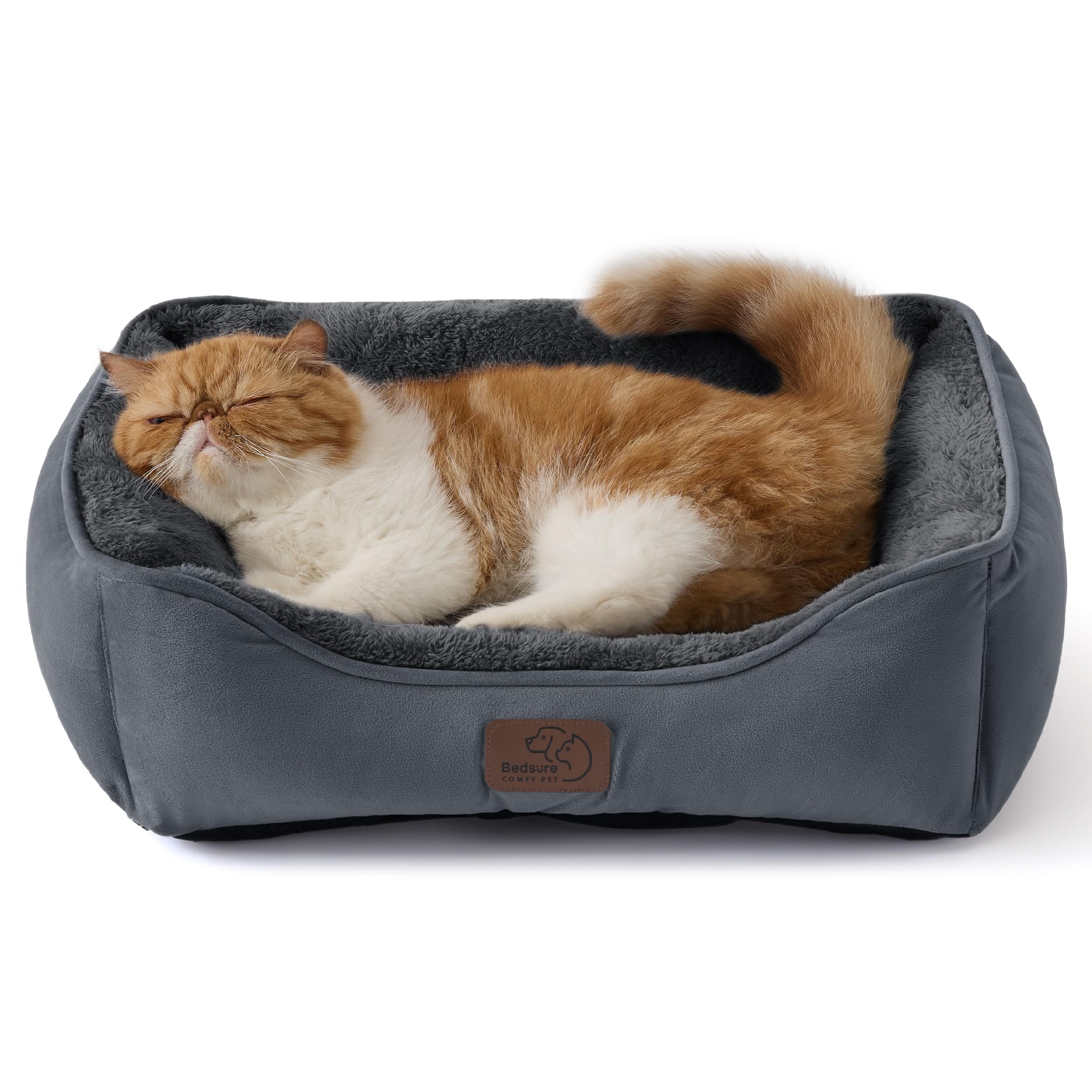 BEDSURE Katzenbett waschbar Katzen Bettchen - 51x41cm Katzenkorb Indoor mit Rutschfester Basis, quadratisches Hundebett für kleine Hunde mit weichem Rand, grau