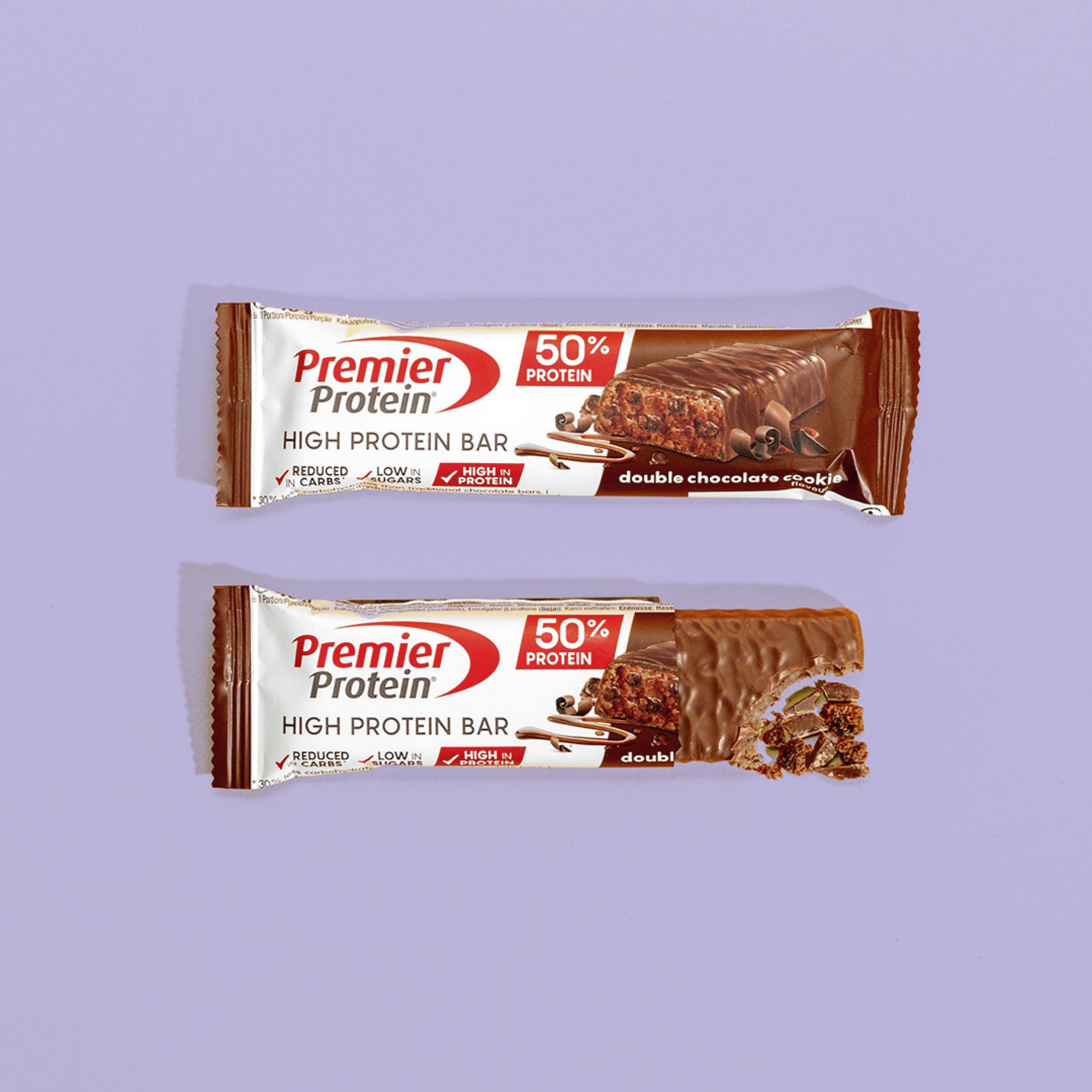 Premier Protein - High Protein Bar 50% - Double Chocolate Cookie - 16x40g - Zuckerarm - Kohlenhydratarm - palmölfrei