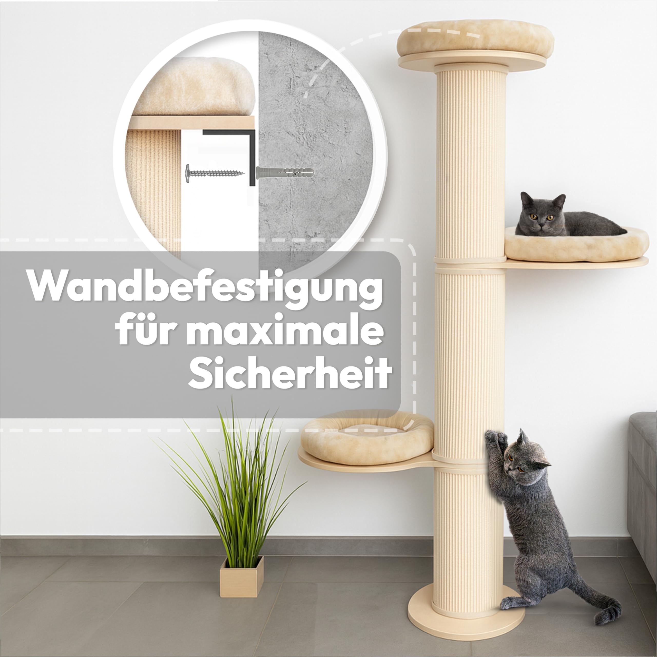 Kratzbaum wandmontiert 185 cm hoch, XXL Katzenbaum Premium Sisal Säulen, 3 Plattformen Kissen abnehmbar & waschbar I Stabiler & Platzsparender Katzenkratzbaum, Grau