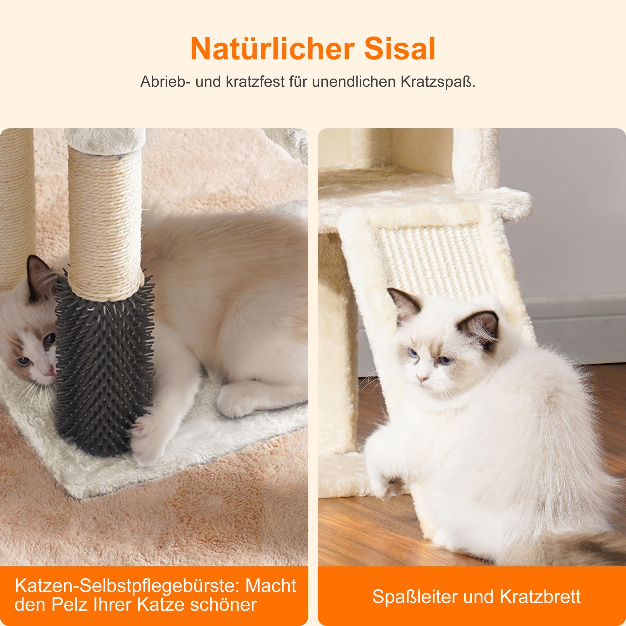 Heybly Kratzbaum mit Katzenbürste, Katzenbaum für Hauskatzen mit Gepolsterter Sitzstange aus Plüsch, Katzenkratzbaum mit Korb, Kratzbrett und Kratzbaum, Hellgrau HCT005SW