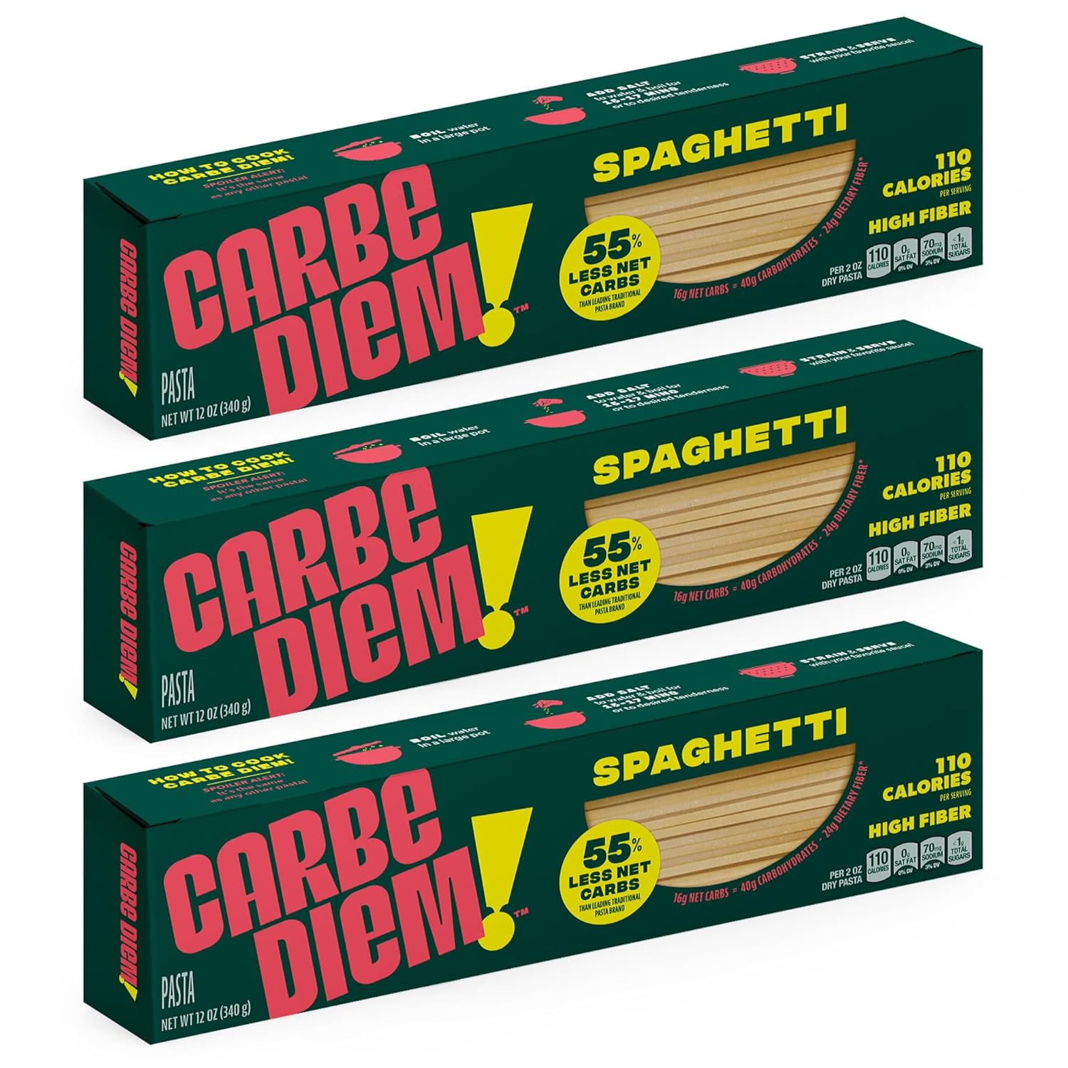 Carbe Diem!, Rotini, Lower Net Carb Pasta with Traditional Flavor & Texture, 8 grams of Protein, 55% Fewer Net Carbs & Only 110 Calories Per Serving, Pack of 3