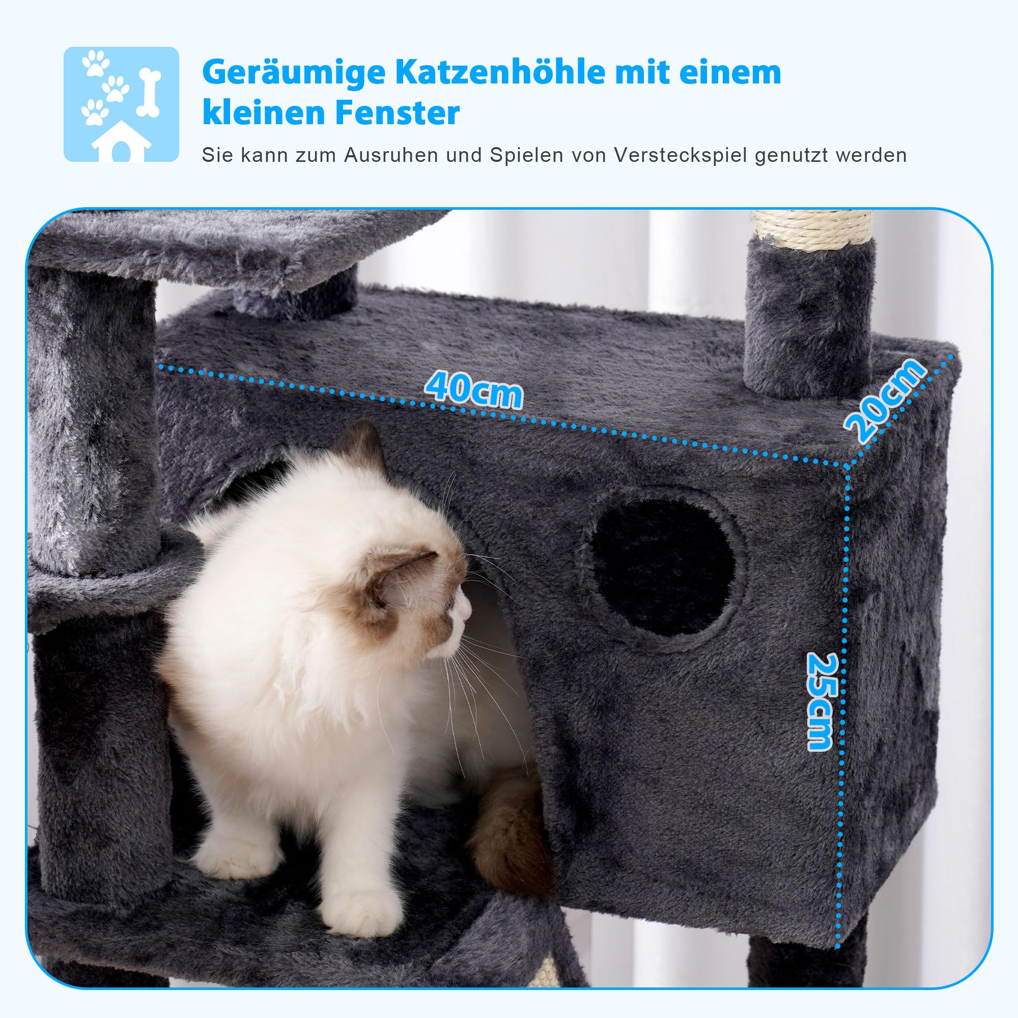 Hey-Brother Kratzbaum, 135 cm Indoor Katzenbaum, Mit gepolsterter Plattform Bett, Spielzeug Ball, Höhlen, Hängematte und Sisal Kratzbaum Katzenhaus, Hellgrau MPJ019-SW