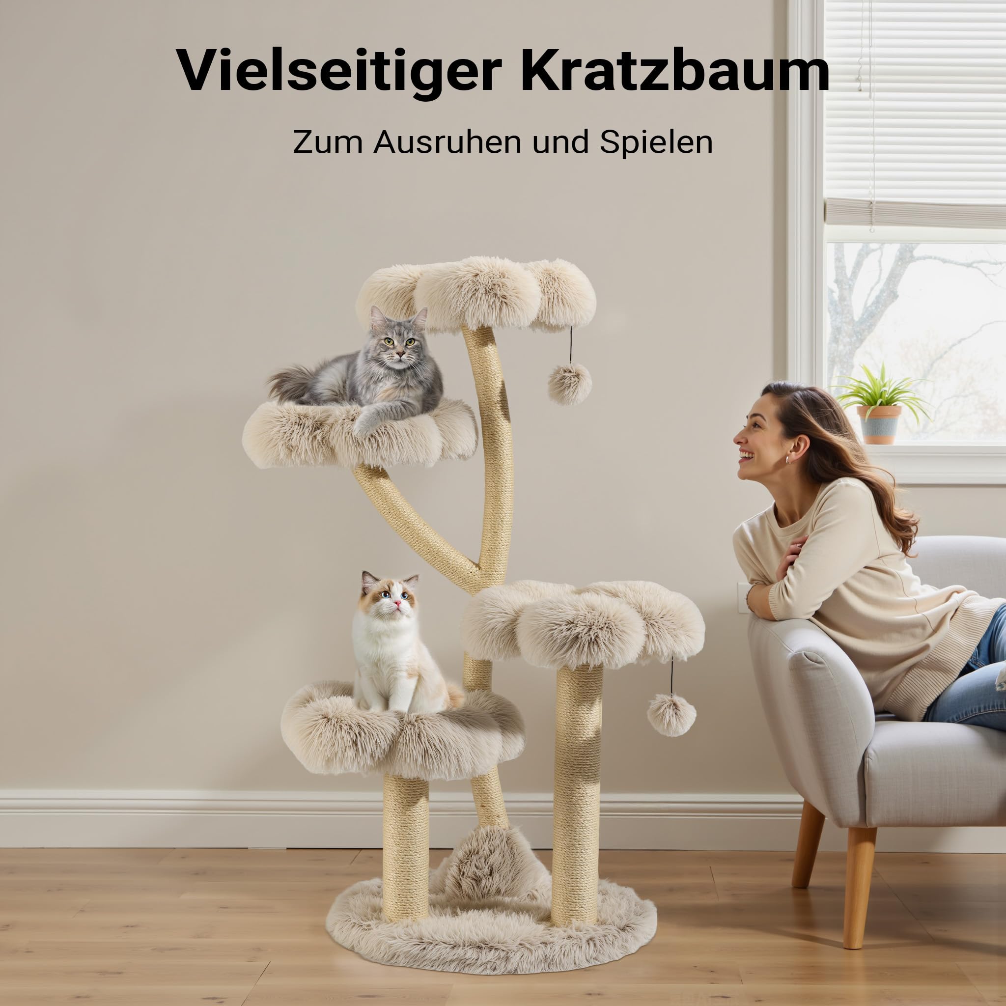 Fudajo Designer Kratzbaum mit Hängeliege, Katzenkratzbaum 59 x 59 x 169 cm, Katzenbaum bis max. 15 kg mit Sisal und Plüsch, Katzenmöbel mit 3 Etagen