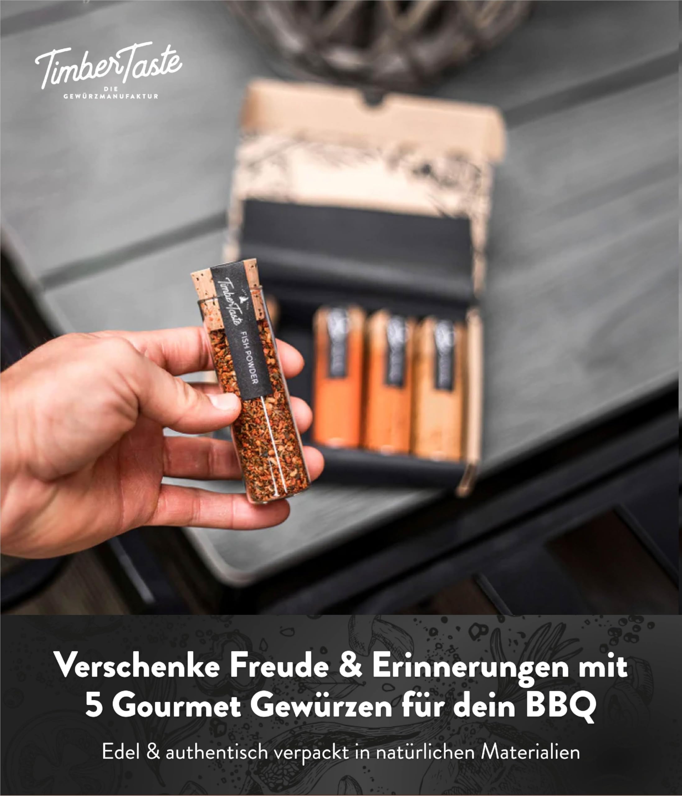 TIMBER TASTE® Grillgewürze Geschenkset - 5 premium BBQ Gewürze Rubs & Marinaden in edler Geschenkbox | Geschenke für Männer | Vatertag Geschenk | Gewürze Geschenkset ideal zum Grillen Geschenk Set