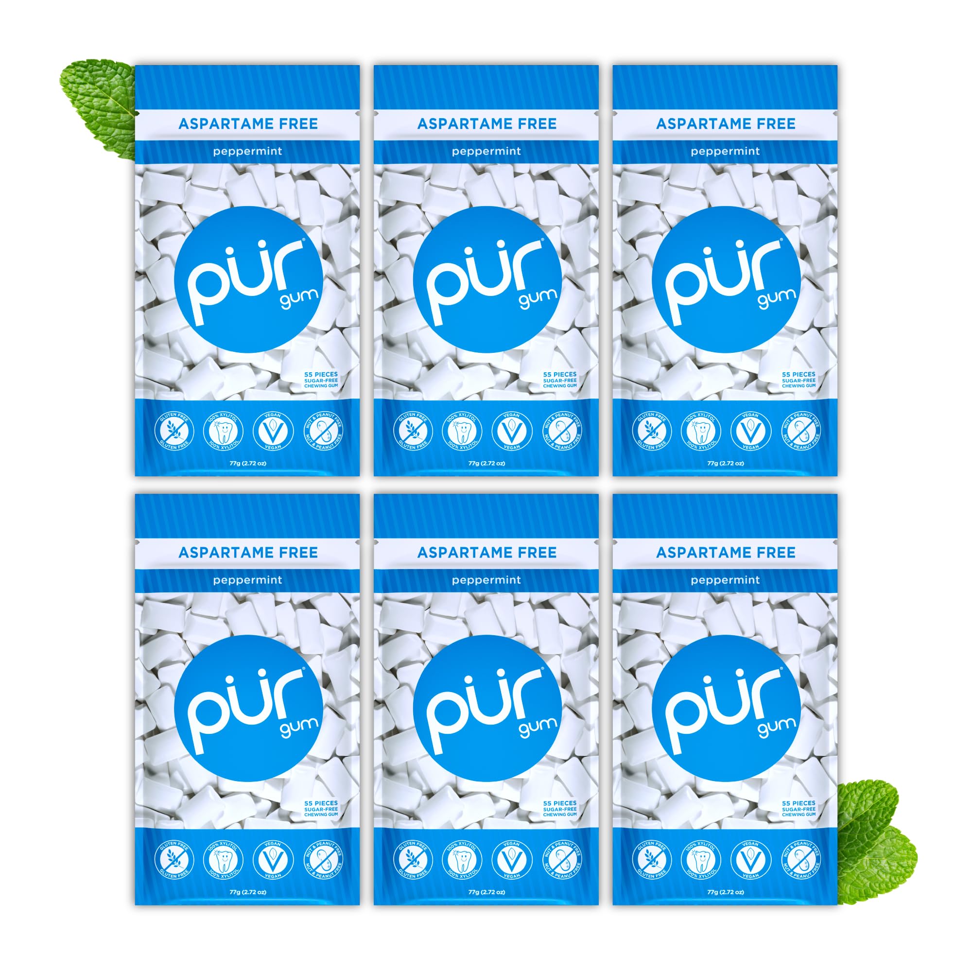 PUR Gum | Zuckerfreier Kaugummi | Mit Xylit | Vegan, Aspartamfrei & Glutenfrei | Natürlicher Kaugummi Mit Spearmint-Geschmack, 55 Stück (3er Pack)