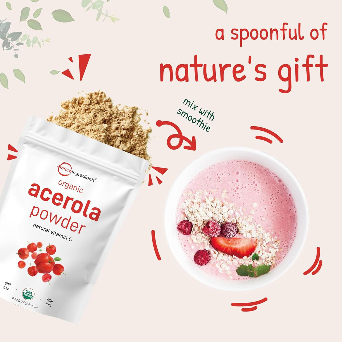 Organic Acerola Powder, 8oz | Natural Organic Vitamin C Superfood | No Sugar & Additives | Great Flavor for Drinks, Smoothie, & Beverages | Non-GMO & Vegan Friendly, Brazil Origin