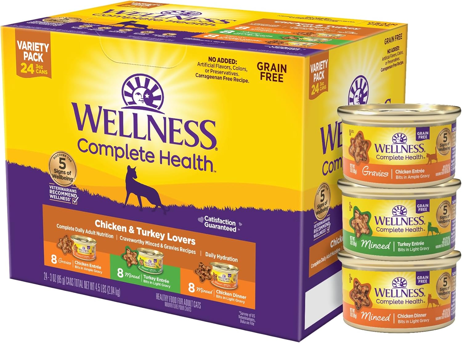 Wellness Complete Health Pate Adult Wet Cat Food, Natural, Protein-Rich, Grain-Free, 3 Ounce, 24 Pack, (Chicken & Turkey Variety Pack)