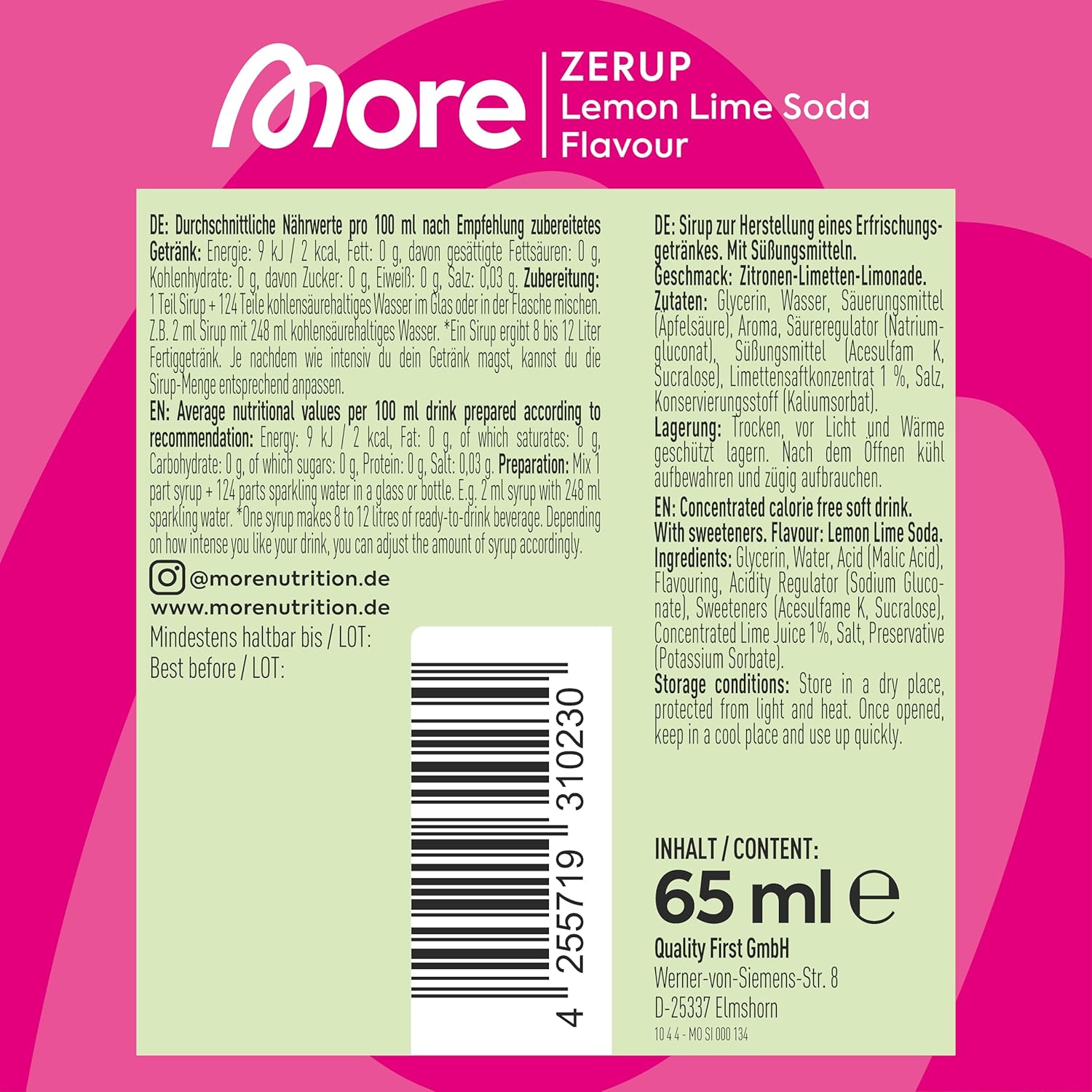 MORE Zerup, Peach Iced Tea, 65 ml, für bis zu 8 l Fertiggetränk, zuckerfreier Sirup mit u.a. echten Fruchtextrakten, vegan, zero Kalorien - made in Germany