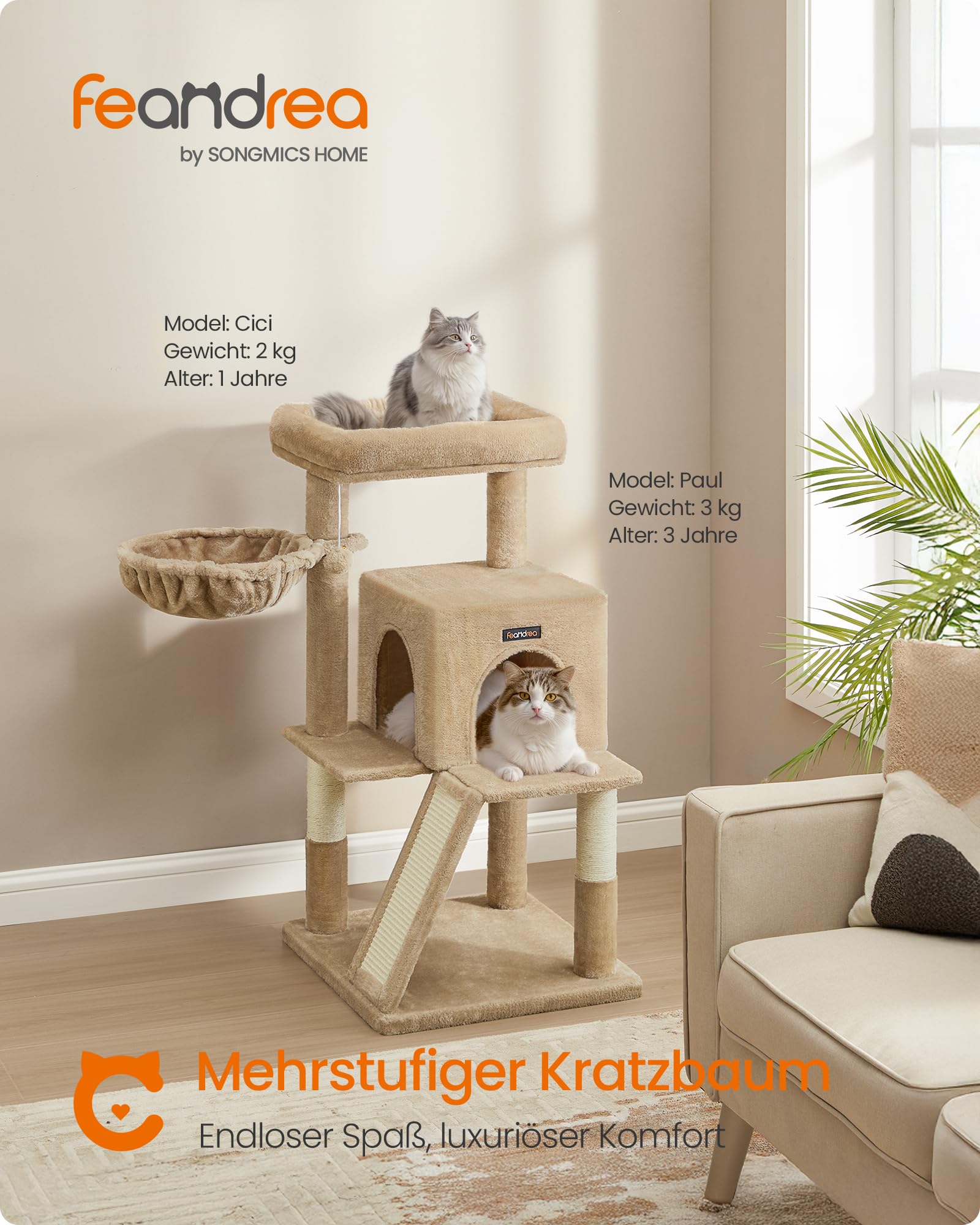 Feandrea Kratzbaum, 96 cm hoch, Katzenbaum mit großer Plattform, Katzenkratzbaum mit Katzenhöhle, Hängematte, Kratzrampe, Plüschball, weicher Plüsch, hellgrau PCT51W