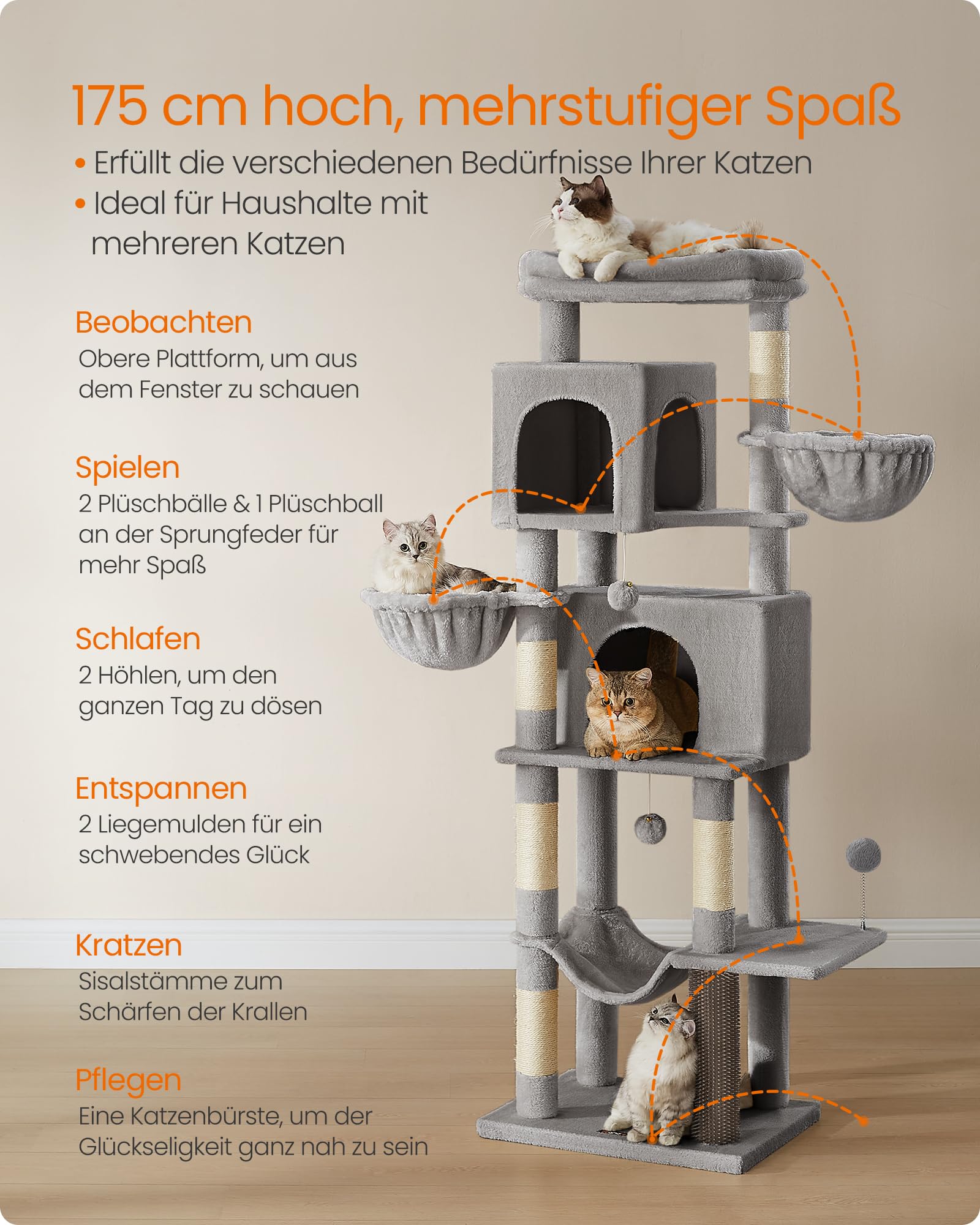 Feandrea Kratzbaum, 175 cm hoch, XL, mehrstöckiger Katzenbaum mit 2 Höhlen, 2 Liegemulden, 5 Kratzsäulen, Katzenbürste, große Plattform, Taubengrau PCT182G01