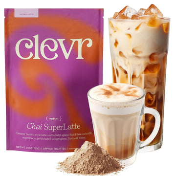 Clevr Organic Matcha Green Tea Latte, Instant Ceremonial Grade, Superfood Powder Blend with Oat Milk, Lions Mane, Reishi Mushroom, Coconut Cream, Ashwagandha, Serve Hot or Iced, (14 Lattes)