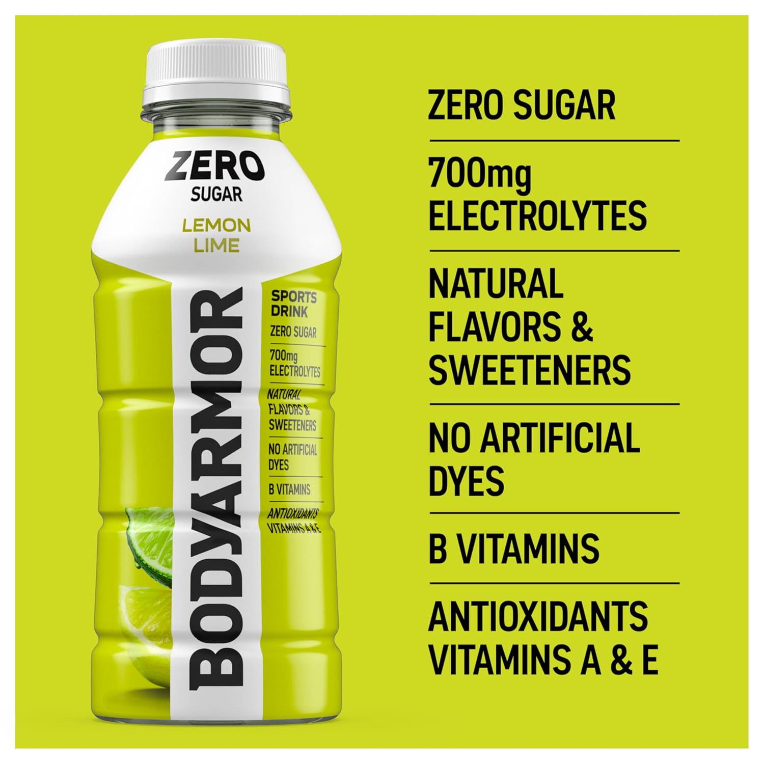 BODYARMOR ZERO Sugar Lemon Lime Electrolyte Drink, Natural Flavors, 16 Fl Oz Bottles (12 Pack), B Vitamins & Antioxidants Sugar Free Hydration