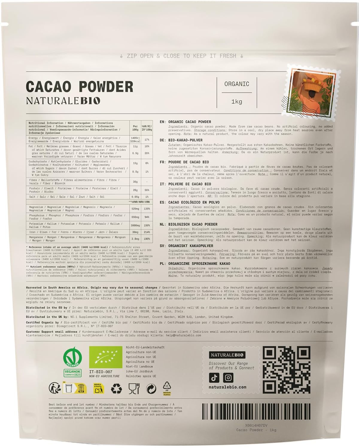NaturaleBio Kakao Pulver Bio 1kg. Organic Cacao Pulver, Roh & Ungesüßt, Ideal für Getränke, Smoothies & Backen, Reich an Magnesium & Phosphor, Geprüft auf Schwermetalle