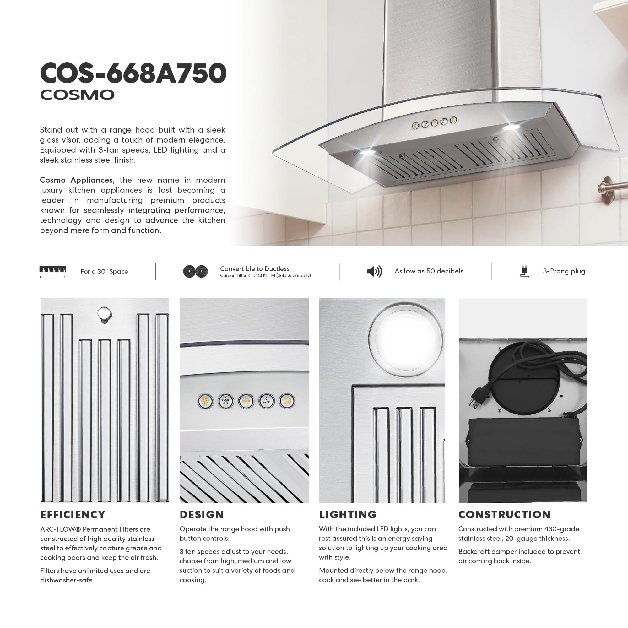 COSMO COS-668AS750 30 in. Vista Collection 380 CFM Ducted Wall Mount Range Hood, Touch Controls, LED Lights, Stainless Steel