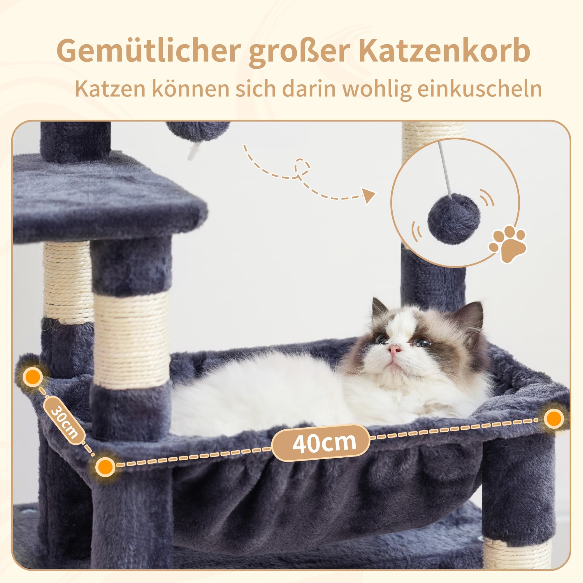 Heybly Kratzbaum, Katzenbaum mit Extra Großem, Weichem Katzenkorb, Katzenkratzbaum mit Geräumigem Katzenbett und Verstecktem Schlafplatz, Robusten Sisal-Kratzsäulen, Hellgrau HCT008SW