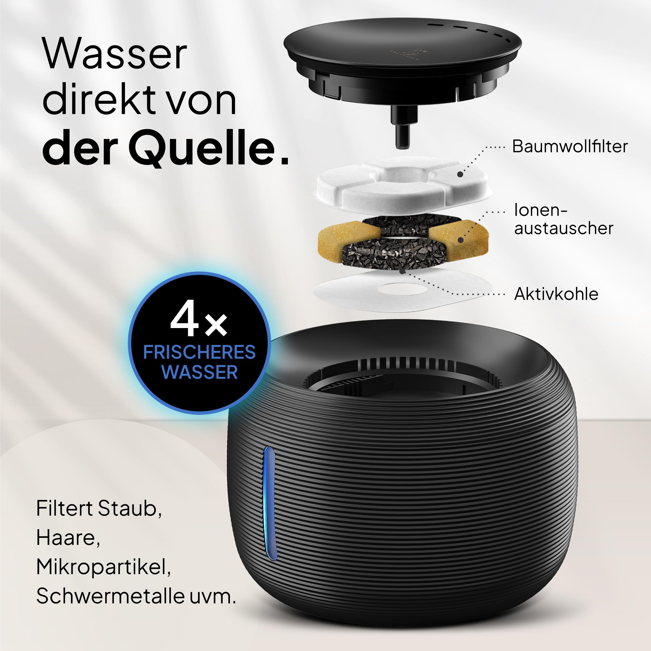 Pretty Paw Trinkbrunnen für Katze – Flüsterleiser 2,5L Katzenbrunnen mit LED & Aktivkohlefilter - BPA-frei & leicht zu reinigen - Hochwertige Lösung zum fairen Preis - KatzenOase Pro