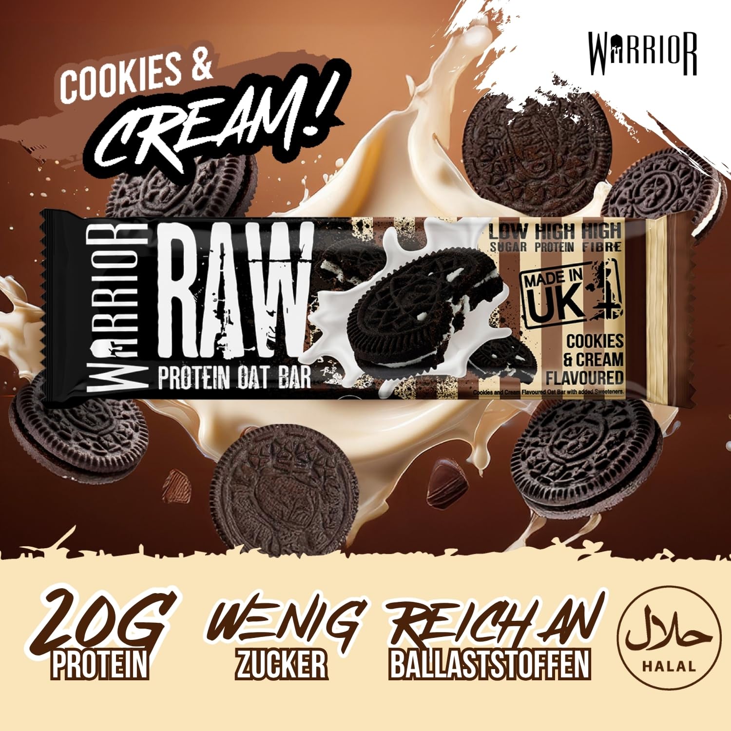 Warrior Raw Proteinriegel 12 x 75 g – Ballaststoffreicher Haferriegel mit Protein, High Protein Snack ohne Zucker, Natürlicher Haferflocken Riegel mit Präbiotika – Schoko-Brownie