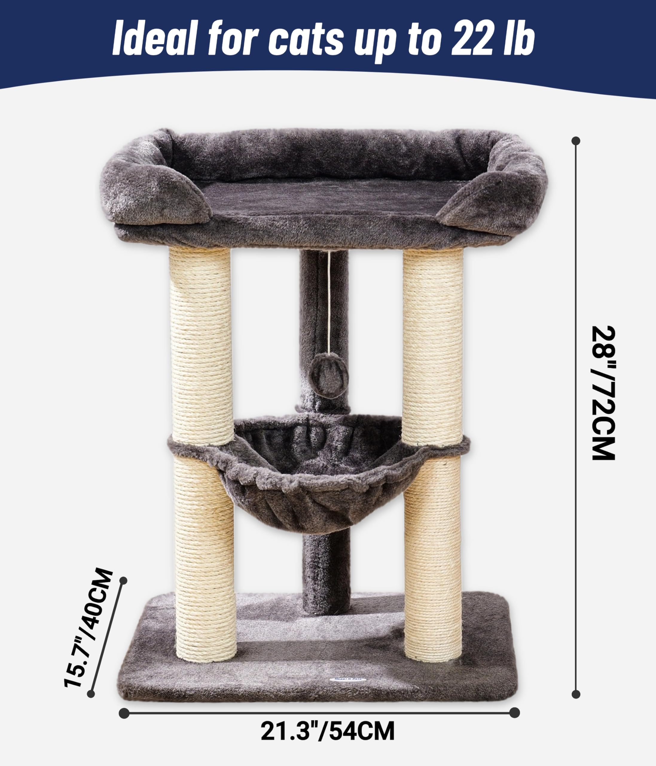 Happi N Pets 71CM Kratzbaum für Katzen, Hoher Kratzstamm mit großem Bett für große Katzen, Sisal-Kratzbaum mit weicher Liegefläche & Hängematte, Stabiler Katzenbaum, Abnehmbarer Bezug-Beige