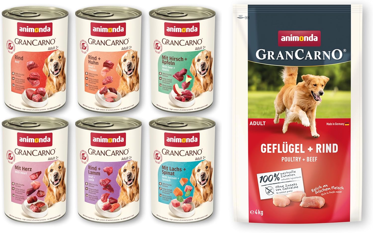 animonda GranCarno Adult Deftige Variation (6 x 800 g), Hundenassfutter für ausgewachsene Tiere, Nassfutter für Hunde mit 100% frischen, fleischlichen Zutaten, Hundefutter ohne Getreide