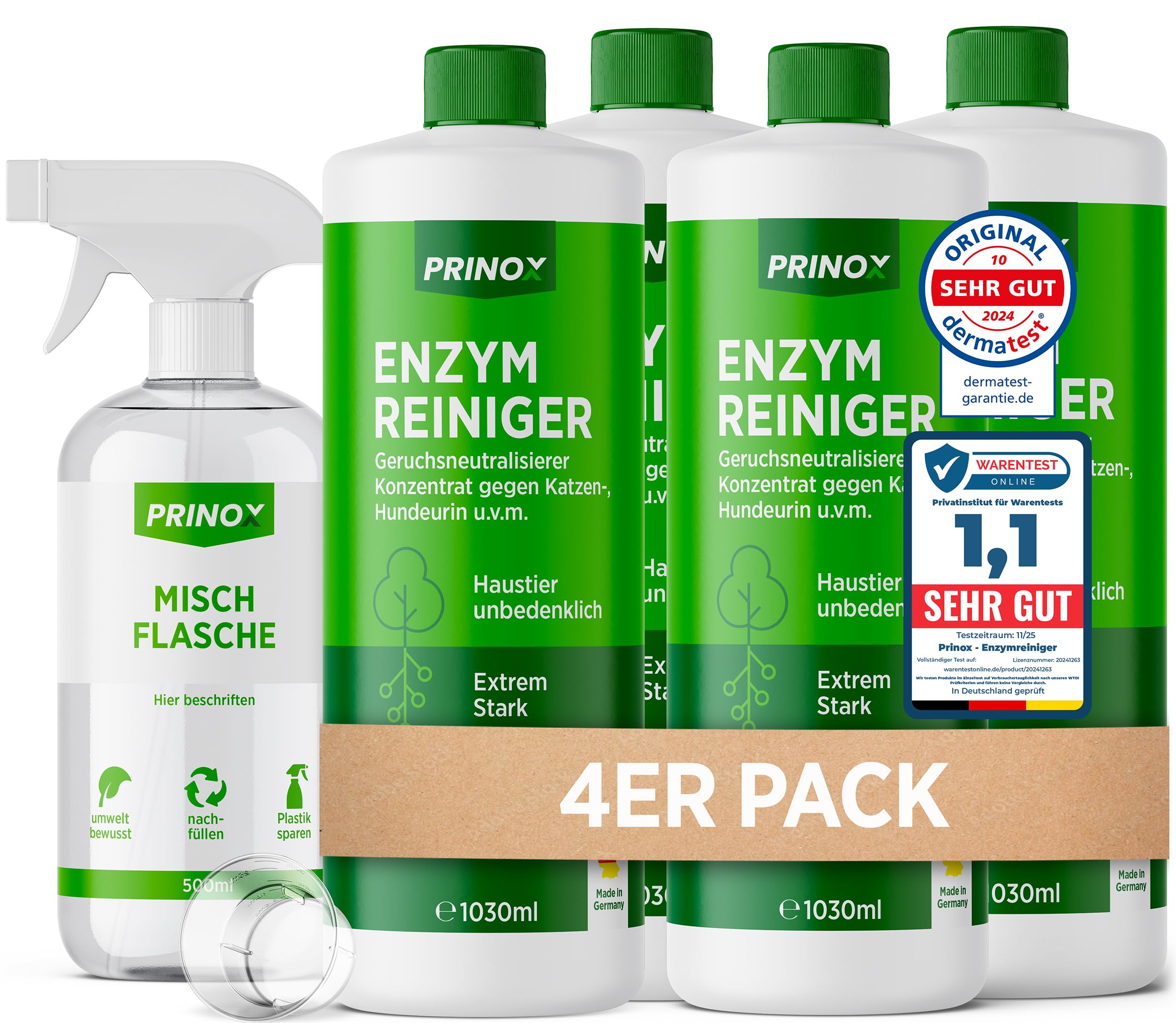 Enzymreiniger Konzentrat 1030ml XXL SET inkl. Mischflasche - STARKER GERUCHSENTFERNER - Ergibt bis zu 40L Geruchsneutralisierer - Beseitigt Hundeurin, Katzenurin Geruch tiefgreifend uvm. I Made in DE
