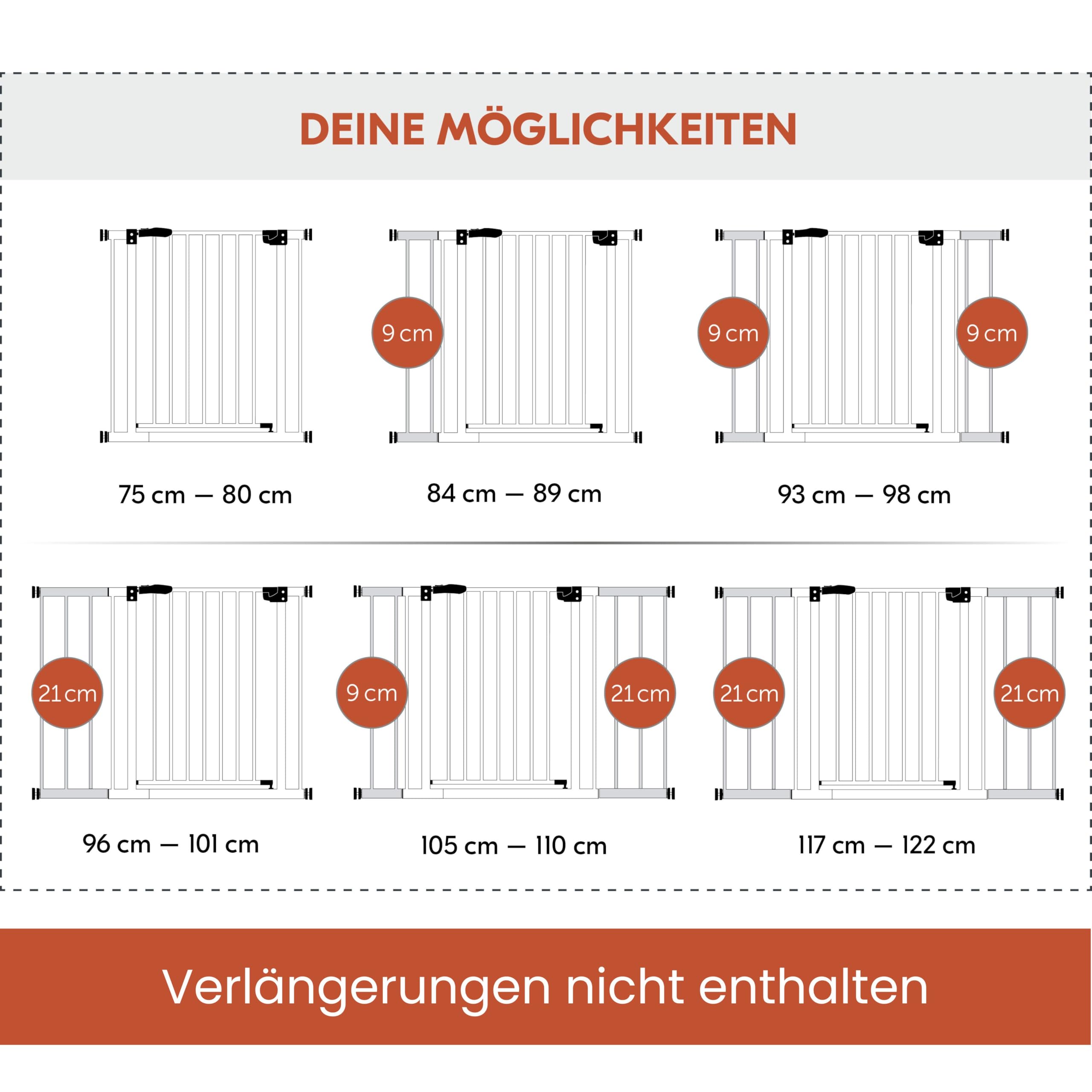 hauck Open N Stop 2 + 21 cm Verlängerung, Weiß - Kinderschutzgitter Hundegitter, Verstellbare Breite 96-101 cm, 77 cm Hoch, Beidseitige Einhand Öffnung, ohne Bohren, für Innen