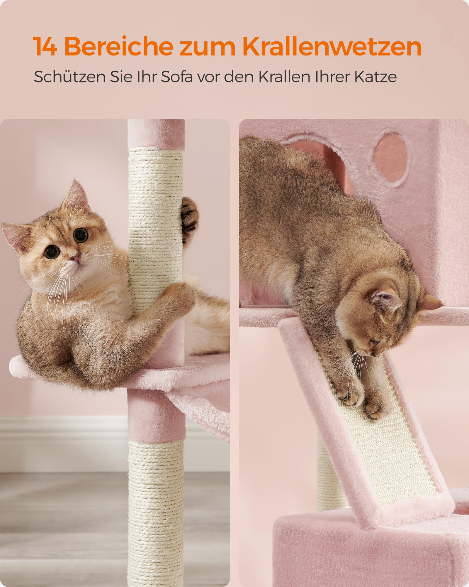 Feandrea Kratzbaum groß, 203,5 cm hoch, XXL Katzenbaum, mit 13 Kratzsäulen, 2 Plattformen, 2 Höhlen, Korb, Hängematte, Plüschbälle, mehrstöckiger Katzenkratzbaum, rauchgrau PCT190G01