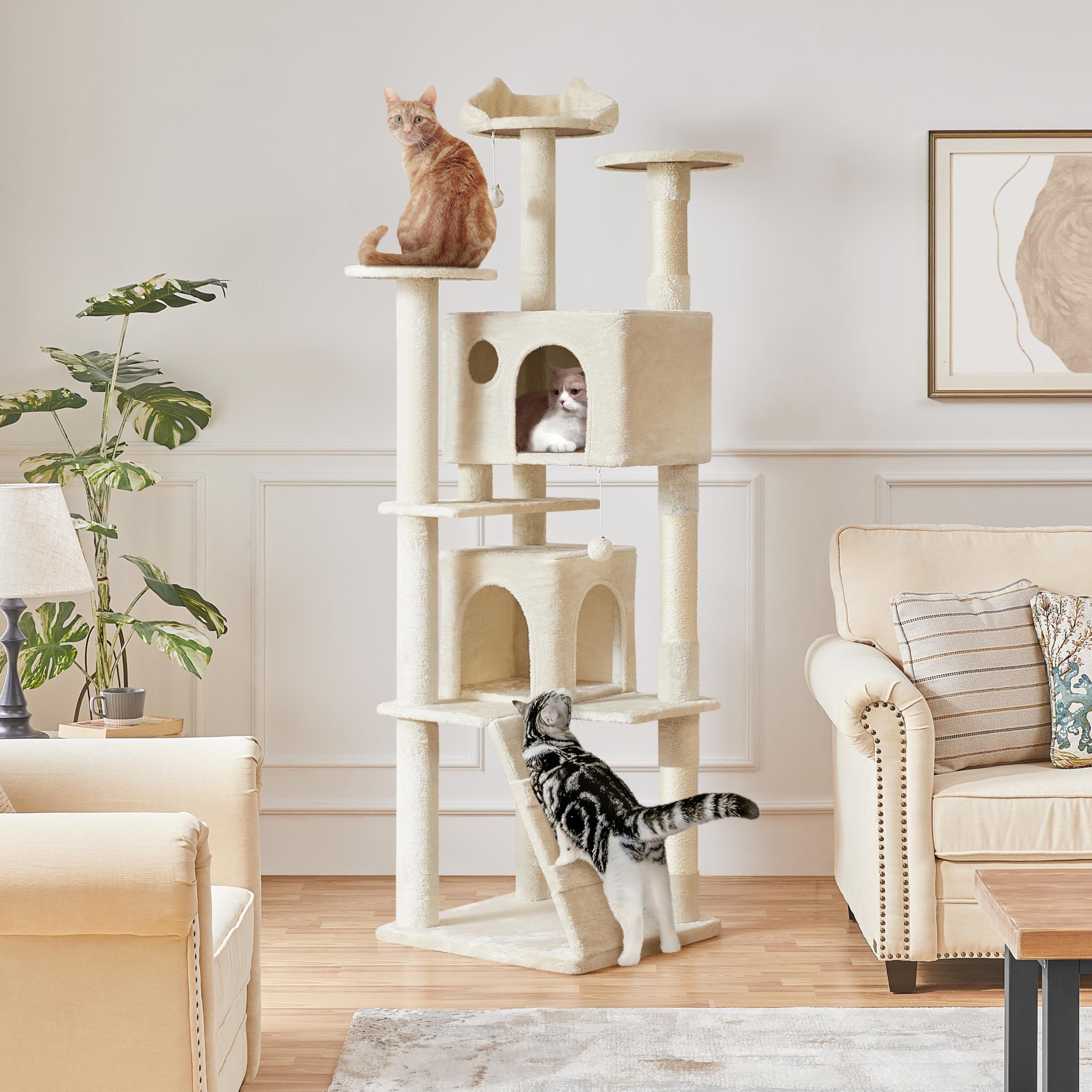 Yaheetech Kratzbaum Groß, 139 cm hoch, Mehrstöckiger Katzenbaum Kletterturm mit 3 Kratzsäulen, 3 Plattformen, 2 Gemütlichen Höhlen, 2 Plüschbällen, Stabiler Aktivitätsbereich für Katzen, Dunkelgrau