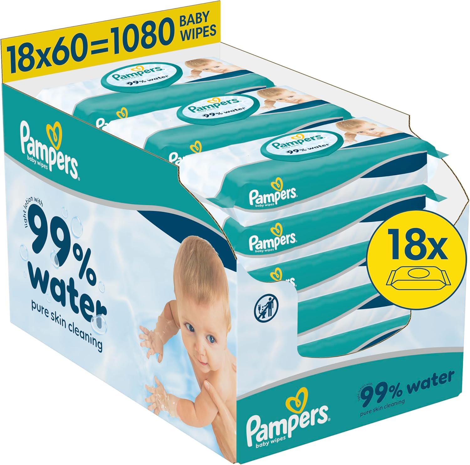 Pampers 99% Water Baby-Feuchttücher, 18 Packungen mit 60 Feuchttüchern = 1080 Baby-Feuchttücher, leichte Lotion mit 99% Wasser