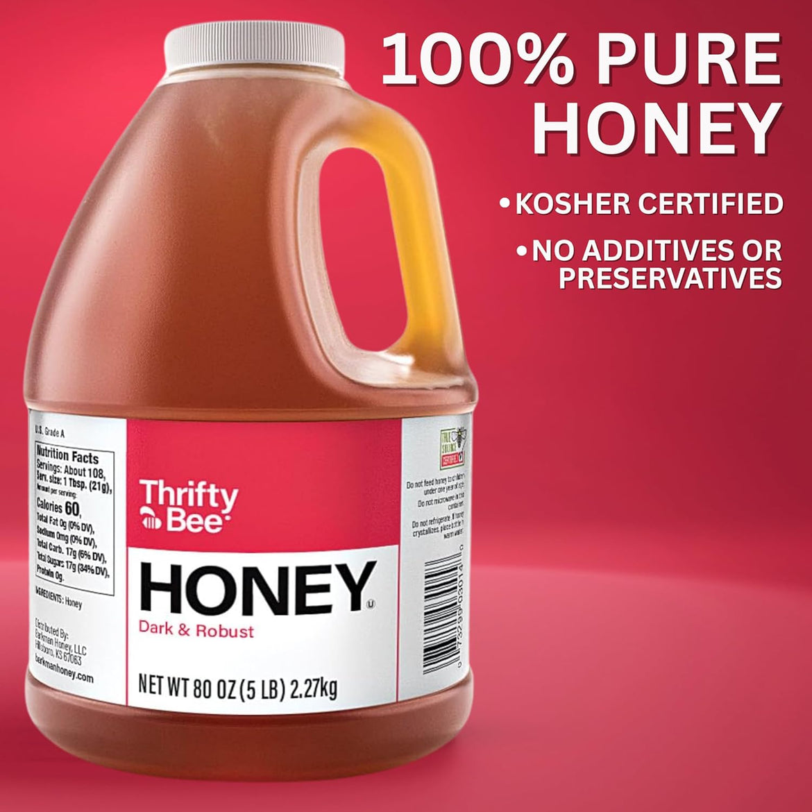 Thrifty Bee Honey, 80 Ounce (5 LB) Large Bulk Honey Jug