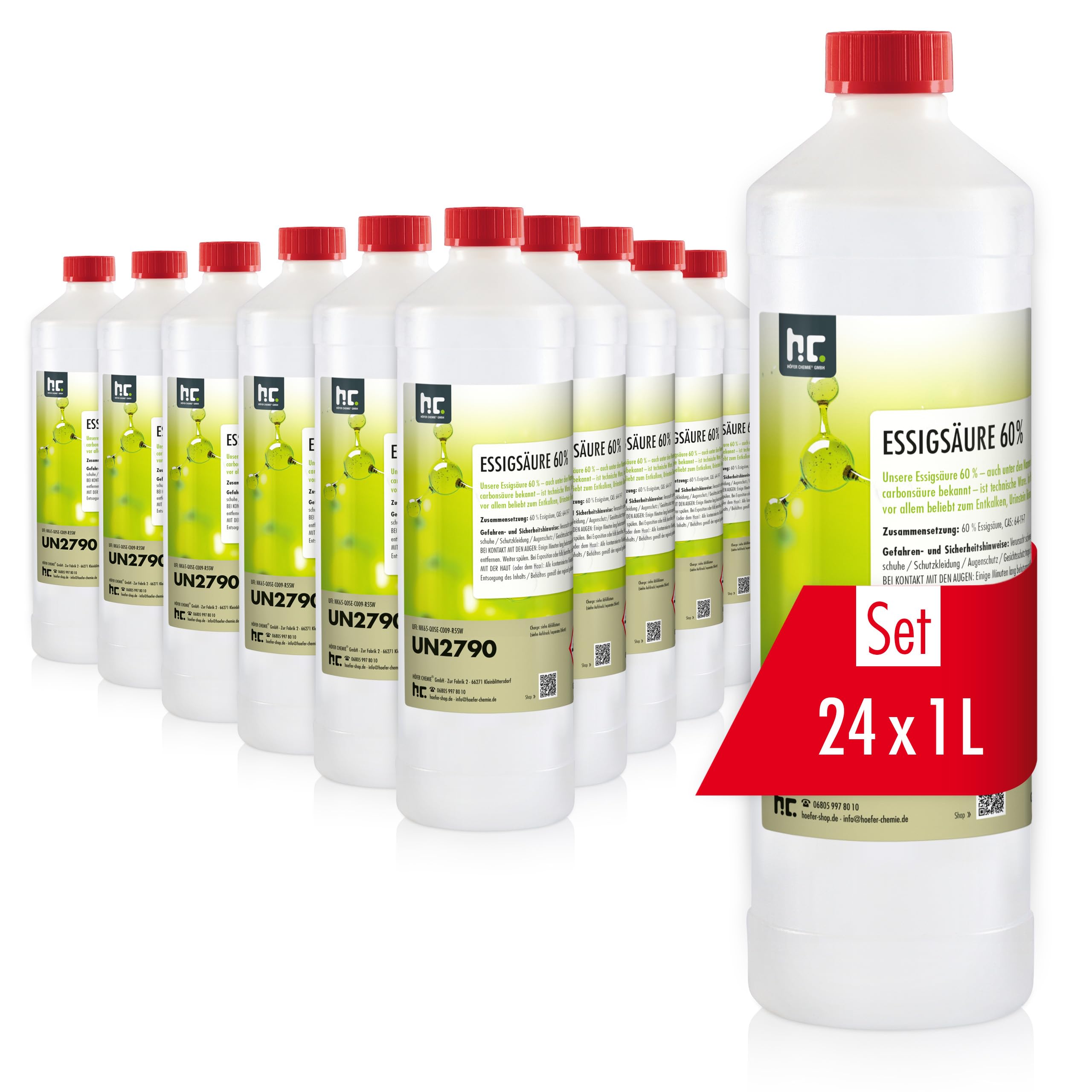 Höfer Chemie 2 x 10 L Essigsäure 60% - optimaler Reiniger und Entkalker - Premium Qualität Made in Germany - frisch abgefüllt im handlichen Kanister