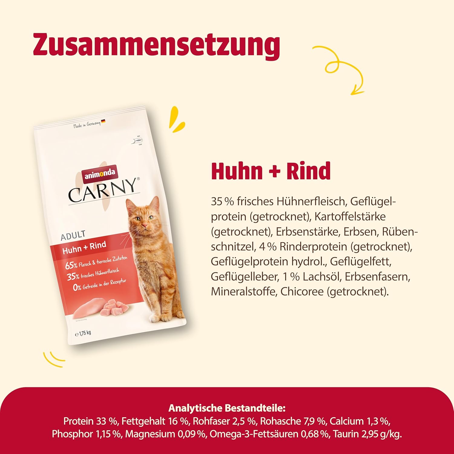 animonda Carny Katzen Trockenfutter Huhn und Rind (1 x 1,75 kg), Trockenfutter für ausgewachsene Katzen ohne Zucker und Getreide, mit frischem Hühnerfleisch und Rinderprotein