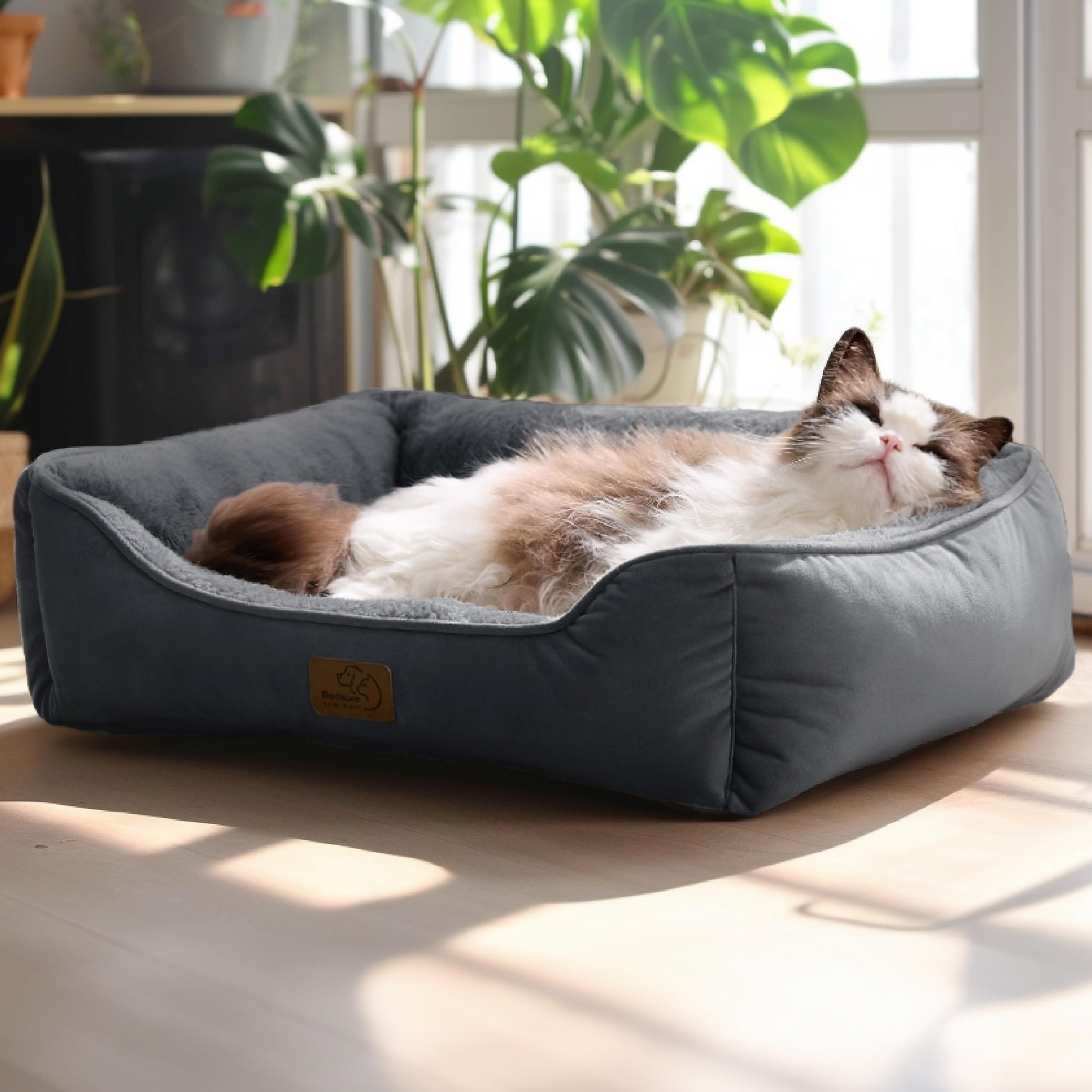 BEDSURE Katzenbett waschbar Katzen Bettchen - 51x41cm Katzenkorb Indoor mit Rutschfester Basis, quadratisches Hundebett für kleine Hunde mit weichem Rand, grau